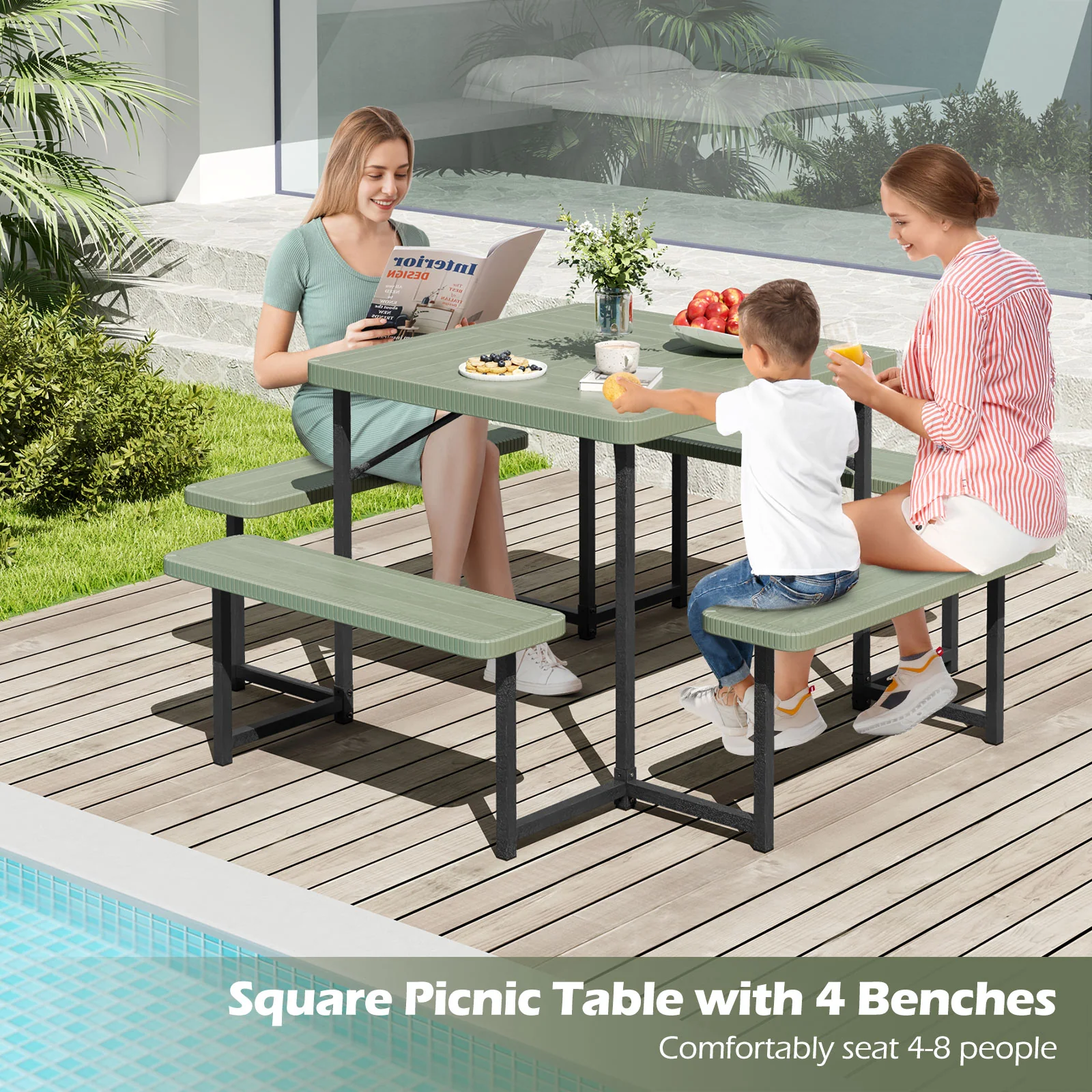 Outdoor Square Picnic Table Bench Set, 4-8 People, Umbrella Hole, Green - Image 7