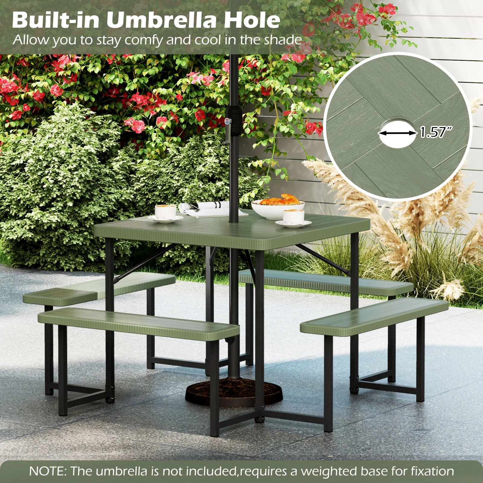 Outdoor Square Picnic Table Bench Set, 4-8 People, Umbrella Hole, Green - Image 8