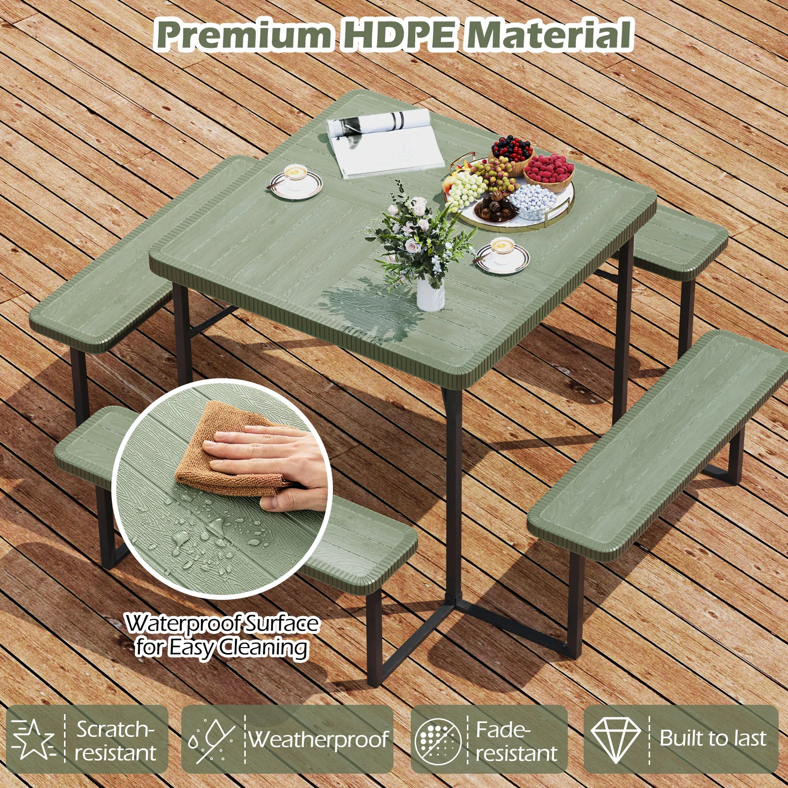 Outdoor Square Picnic Table Bench Set, 4-8 People, Umbrella Hole, Green - Image 9