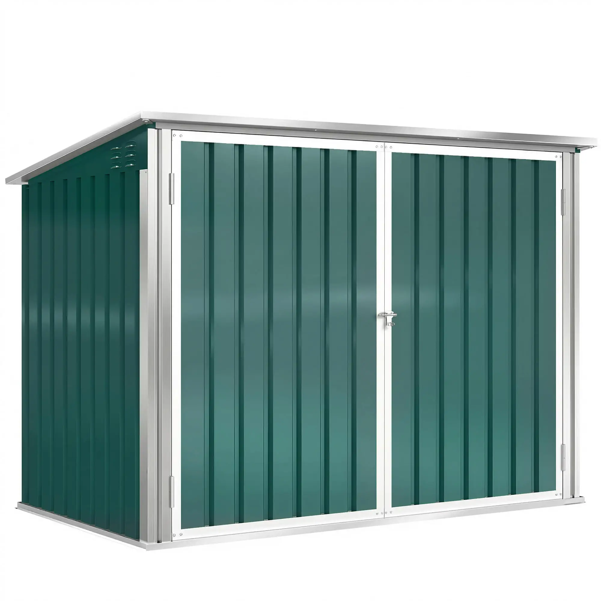 Outdoor Steel Wheelie Trash Can Storage Shed, Double Door Lid Rubbish Cover