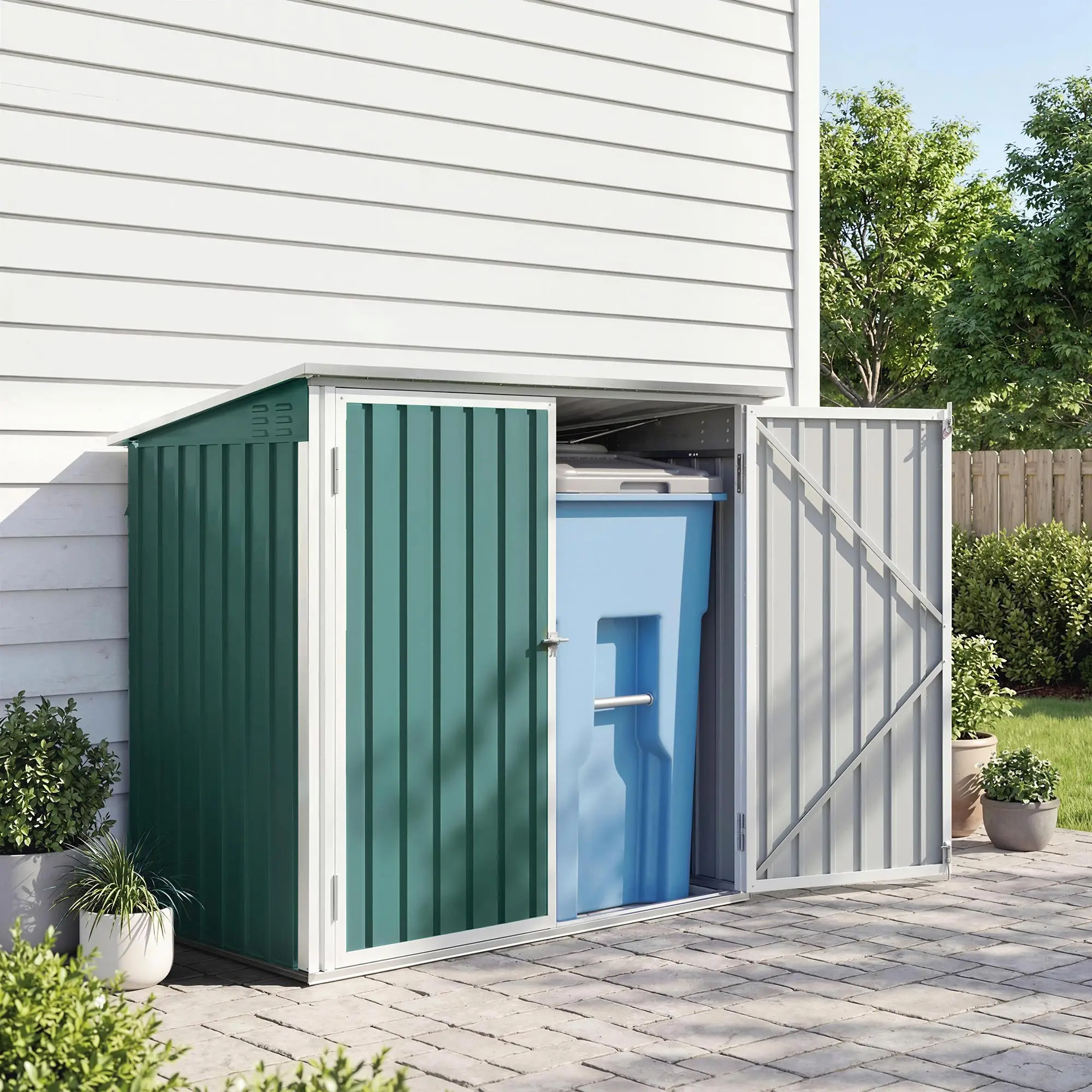 Outdoor Steel Wheelie Trash Can Storage Shed, Double Door Lid Rubbish Cover - Image 10
