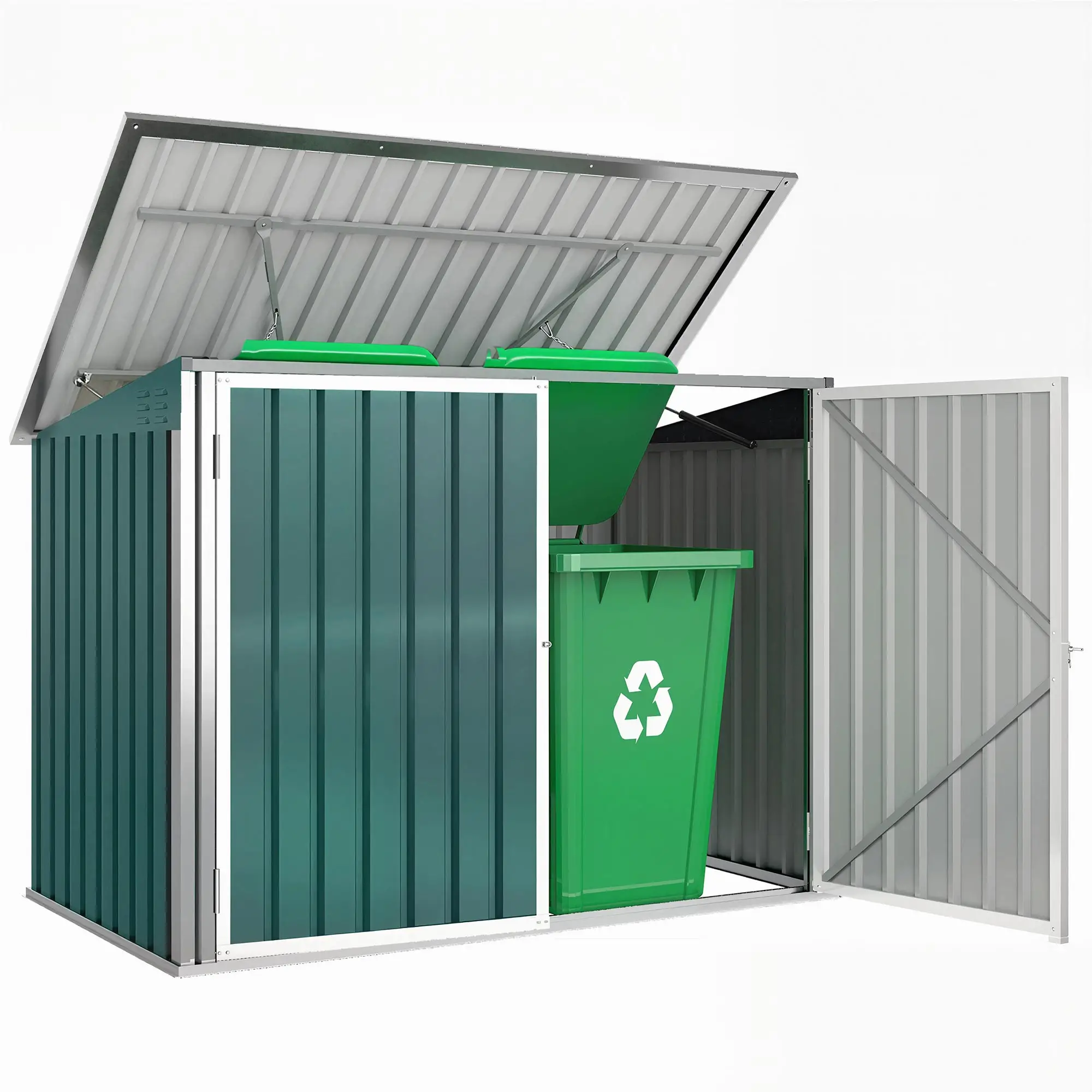 Outdoor Steel Wheelie Trash Can Storage Shed, Double Door Lid Rubbish Cover - Image 11