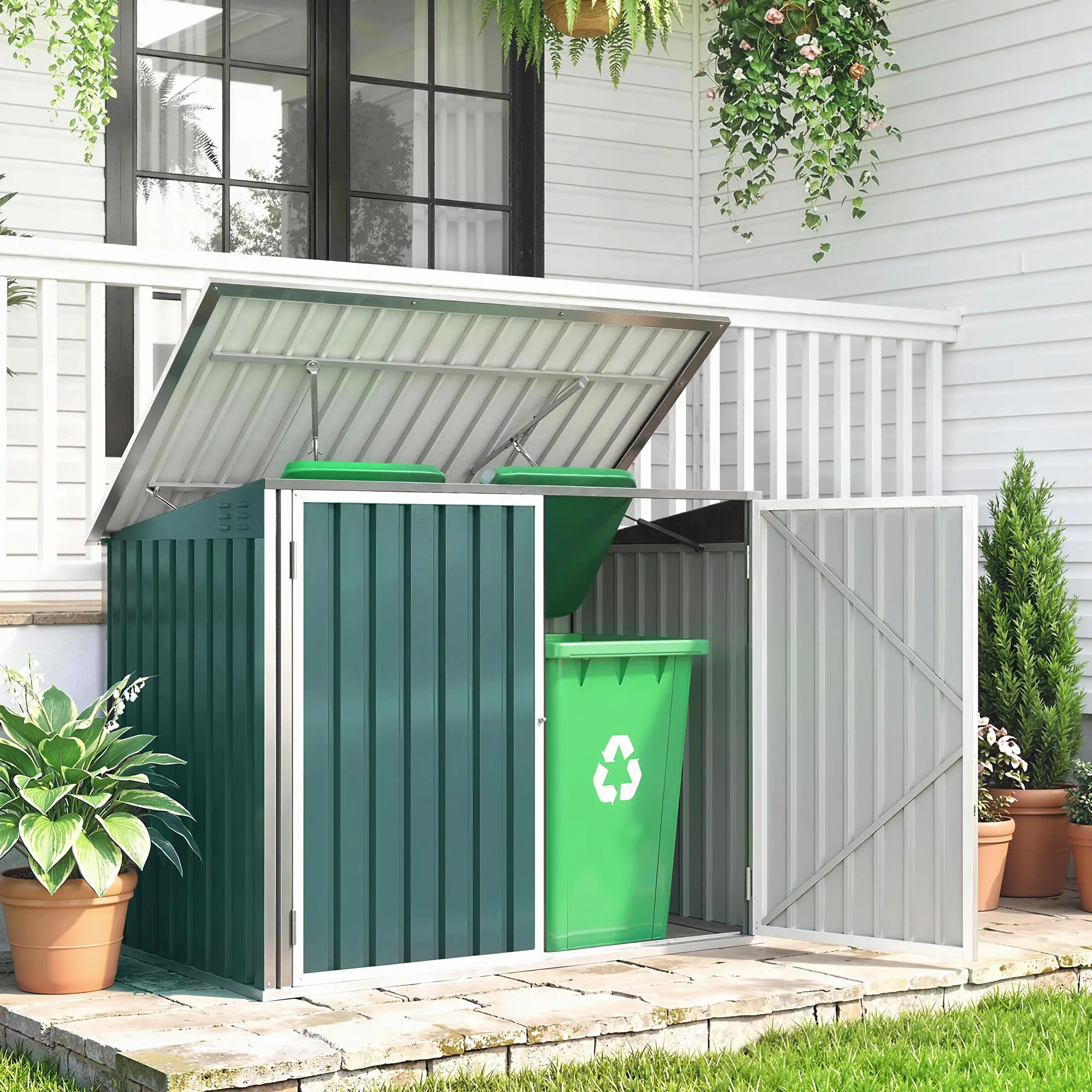 Outdoor Steel Wheelie Trash Can Storage Shed, Double Door Lid Rubbish Cover - Image 2