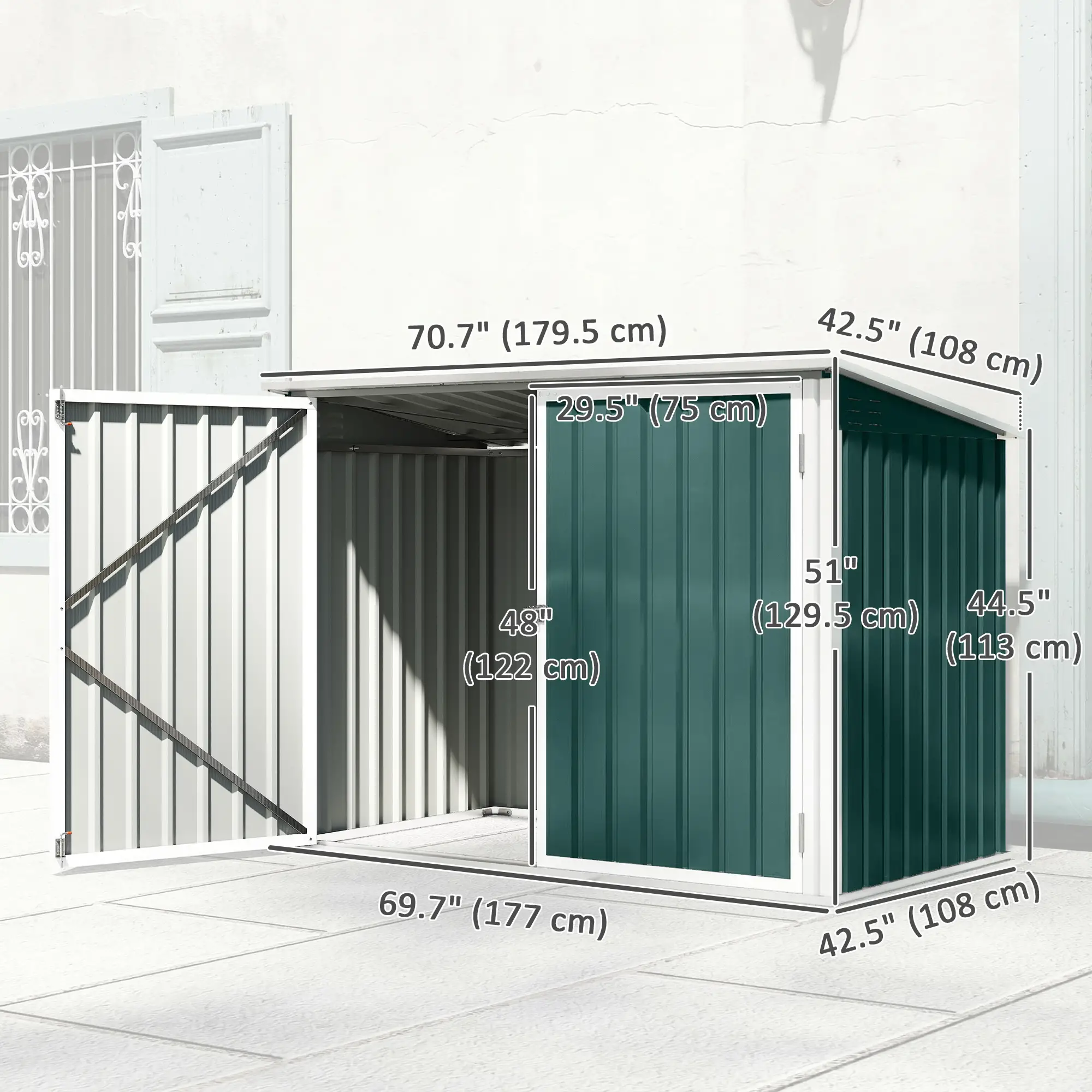 Outdoor Steel Wheelie Trash Can Storage Shed, Double Door Lid Rubbish Cover - Image 3
