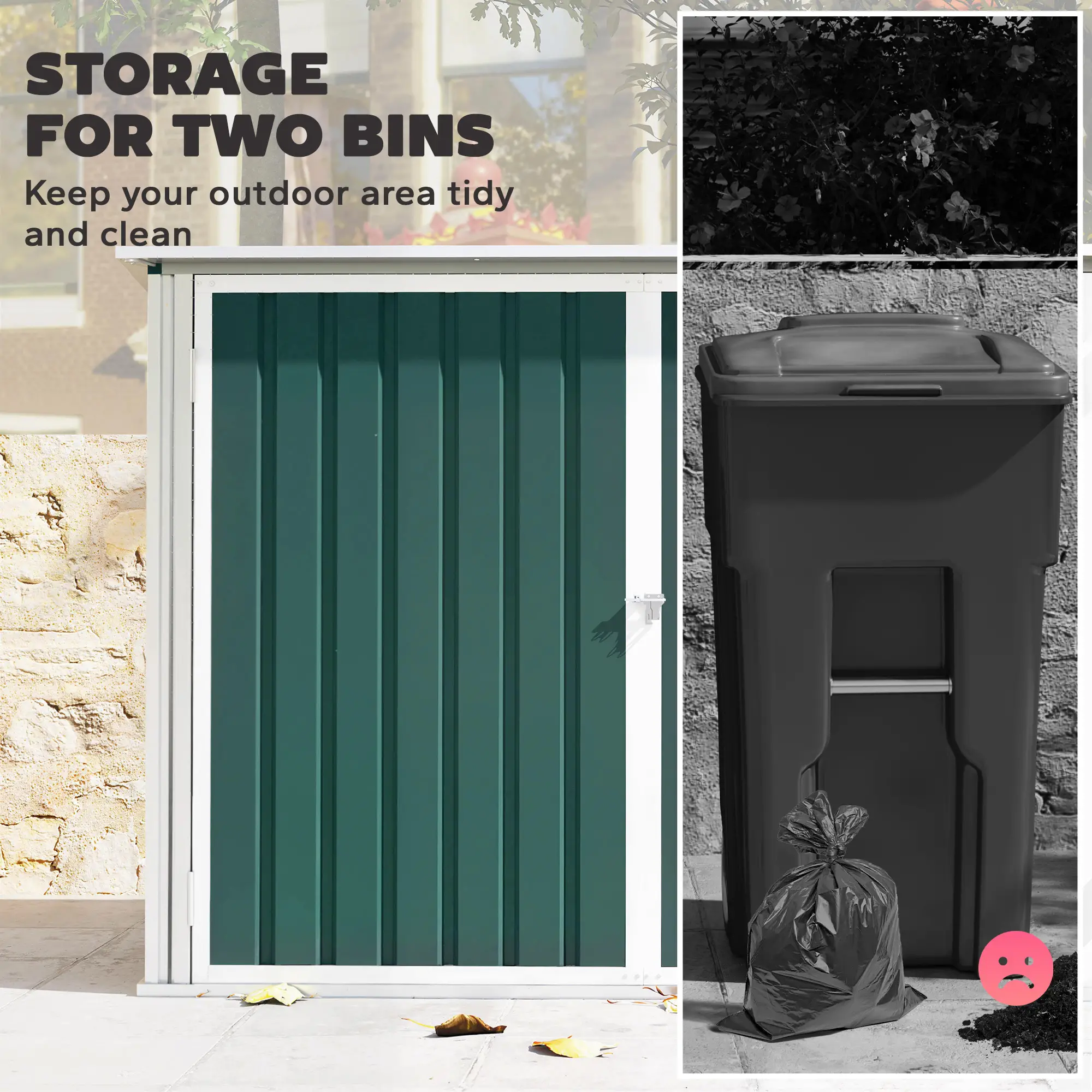 Outdoor Steel Wheelie Trash Can Storage Shed, Double Door Lid Rubbish Cover - Image 4