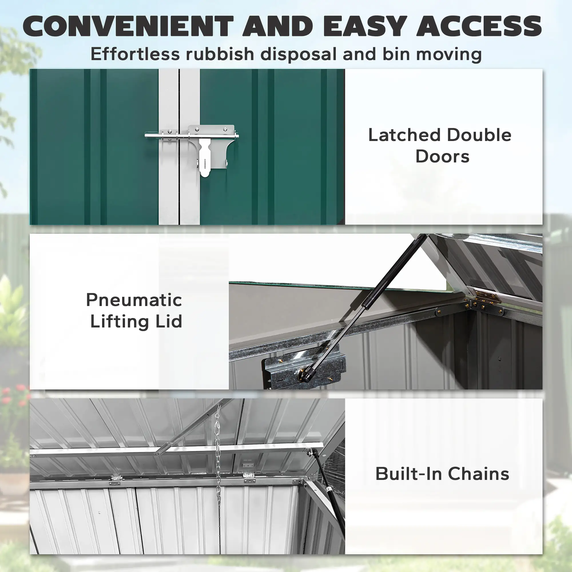 Outdoor Steel Wheelie Trash Can Storage Shed, Double Door Lid Rubbish Cover - Image 5