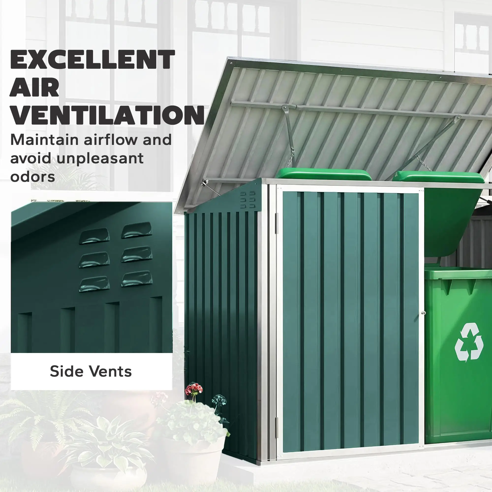 Outdoor Steel Wheelie Trash Can Storage Shed, Double Door Lid Rubbish Cover - Image 6