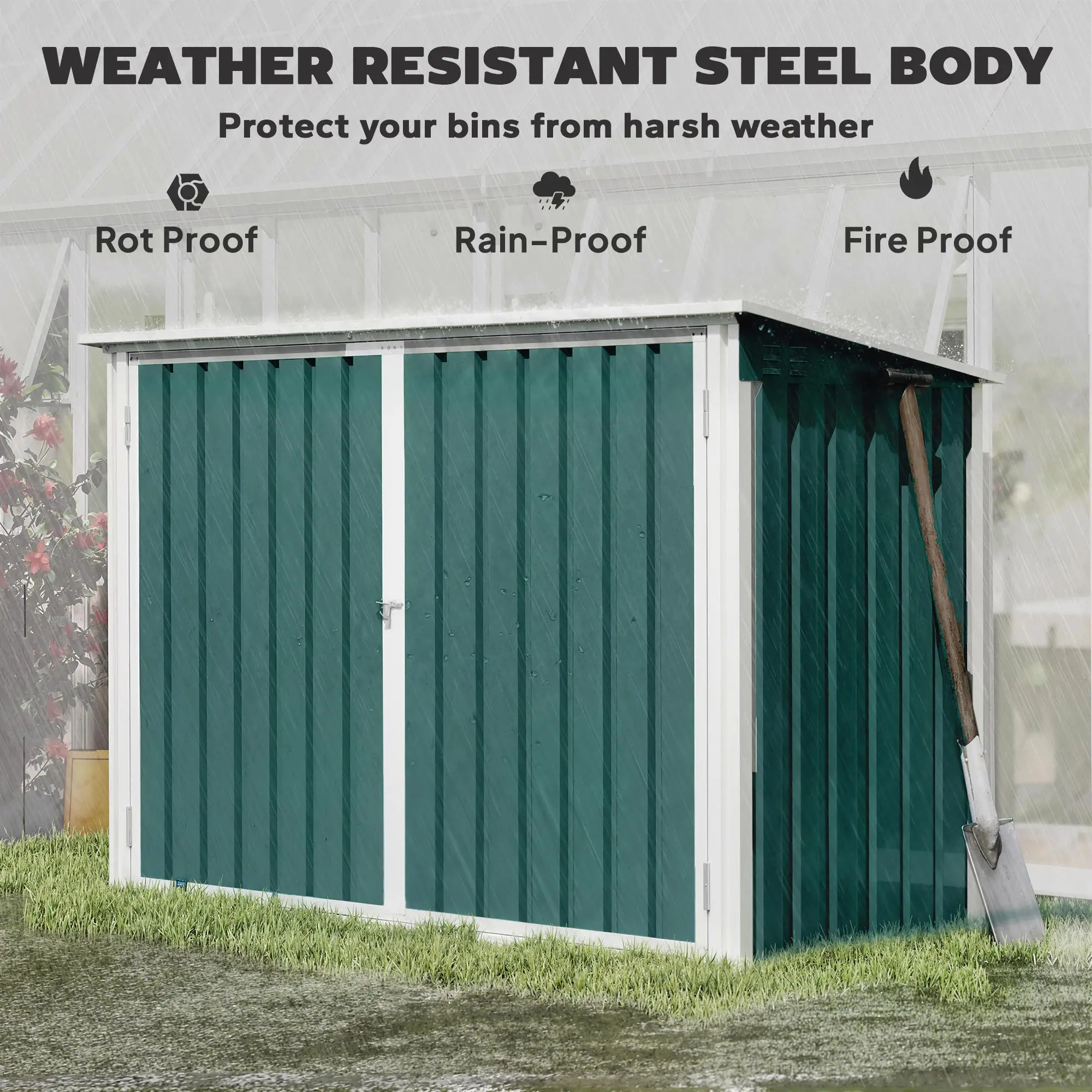 Outdoor Steel Wheelie Trash Can Storage Shed, Double Door Lid Rubbish Cover - Image 7