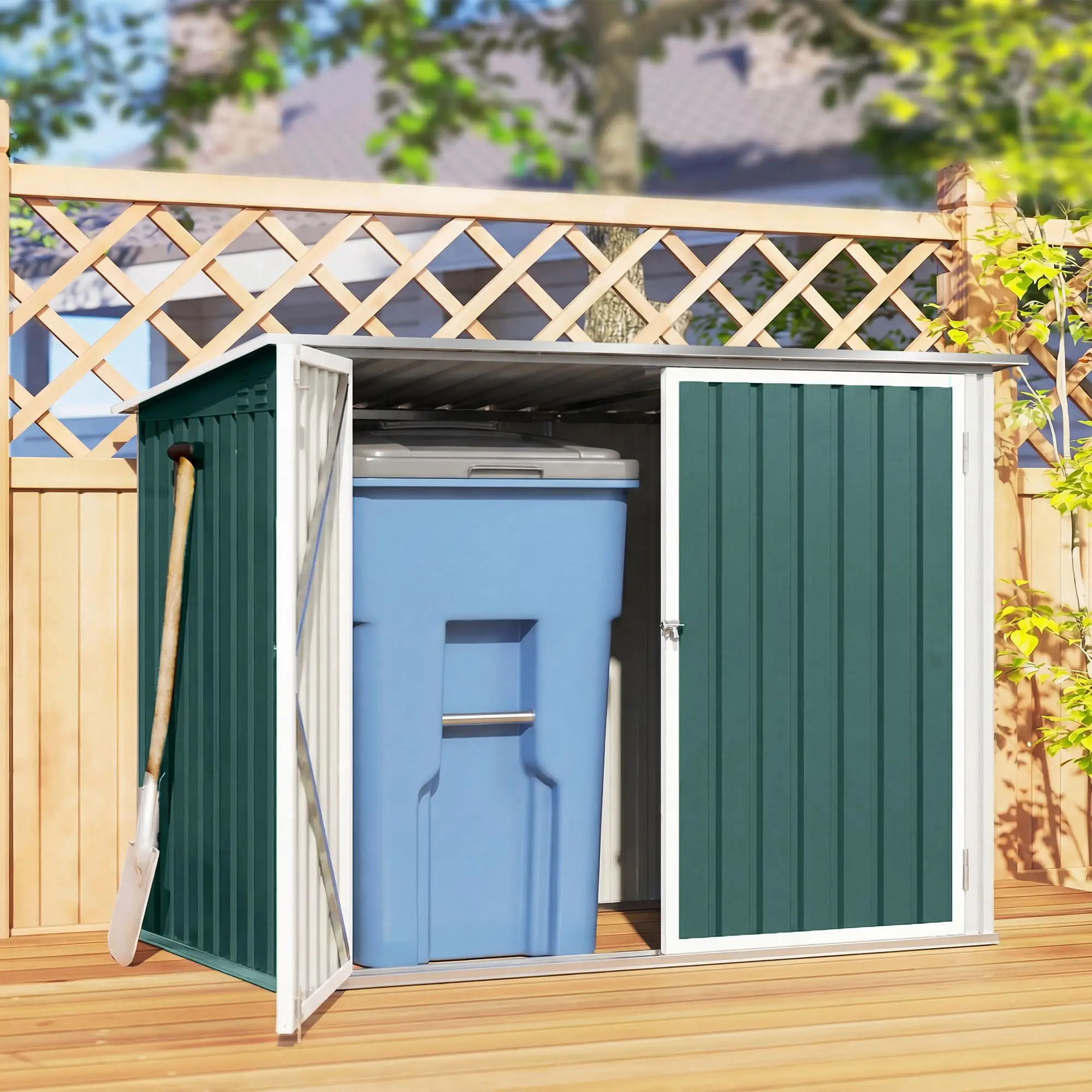 Outdoor Steel Wheelie Trash Can Storage Shed, Double Door Lid Rubbish Cover - Image 8