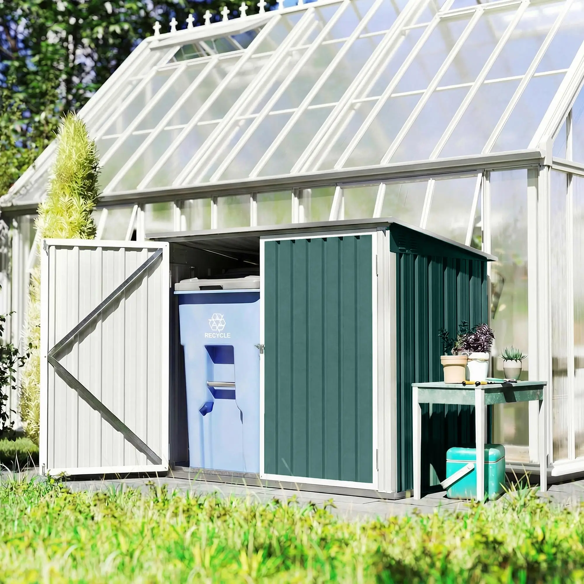 Outdoor Steel Wheelie Trash Can Storage Shed, Double Door Lid Rubbish Cover - Image 9