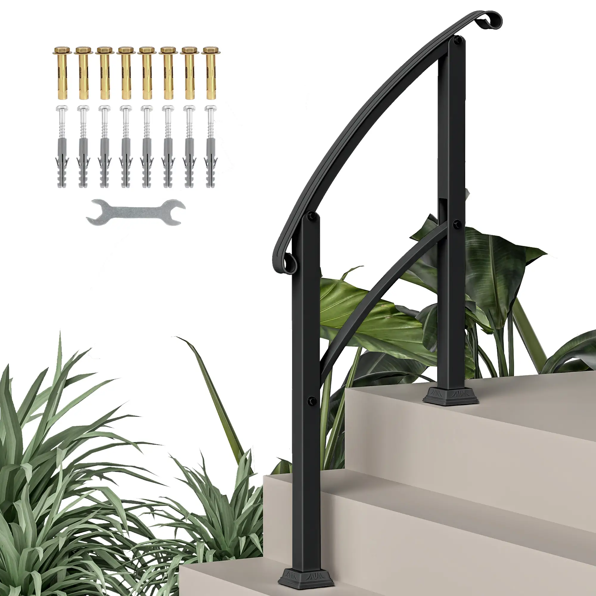 Outdoor Step Handrails, 1-3 Step, Metal Railing with Kit, Black - Image 11
