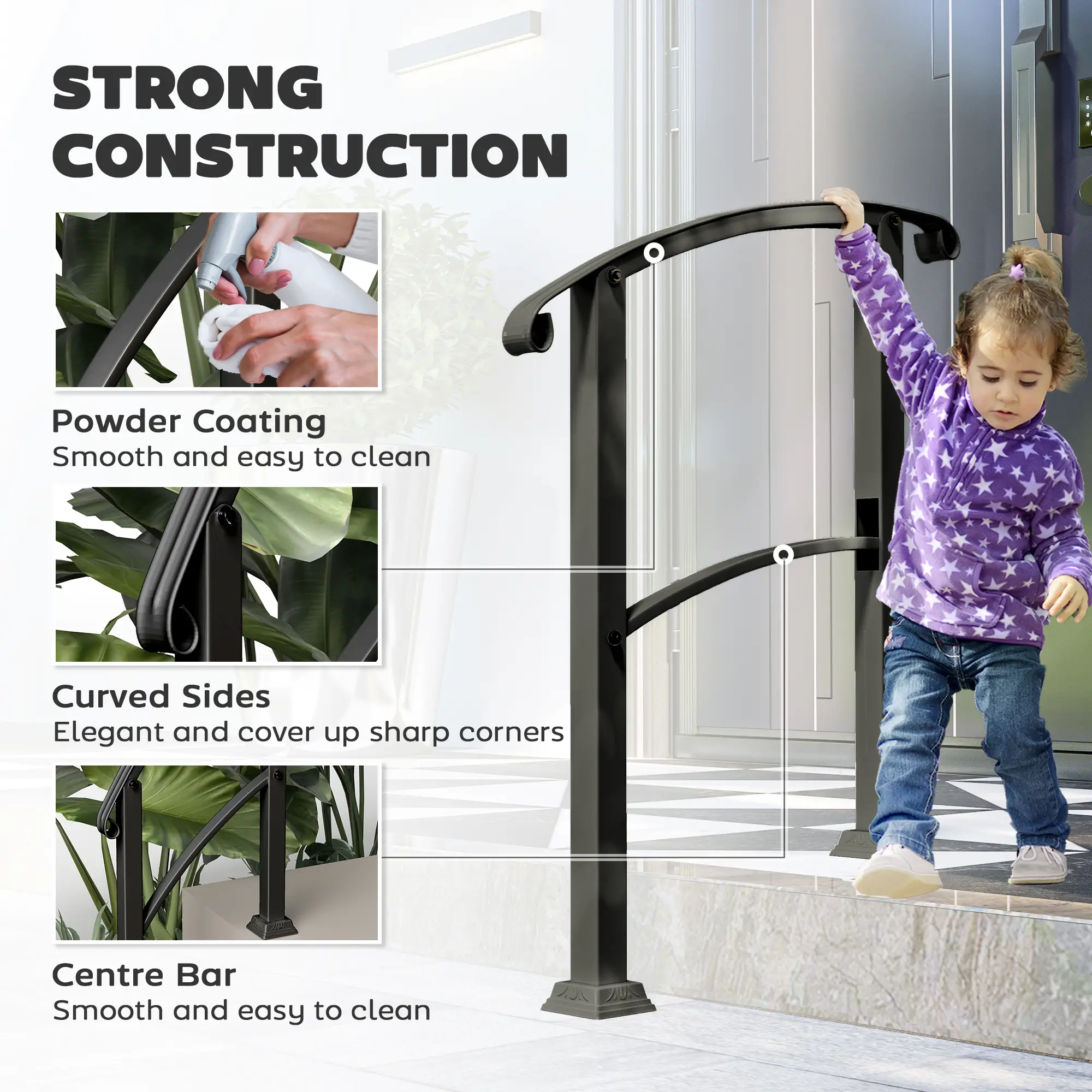 Outdoor Step Handrails, 1-3 Step, Metal Railing with Kit, Black - Image 5