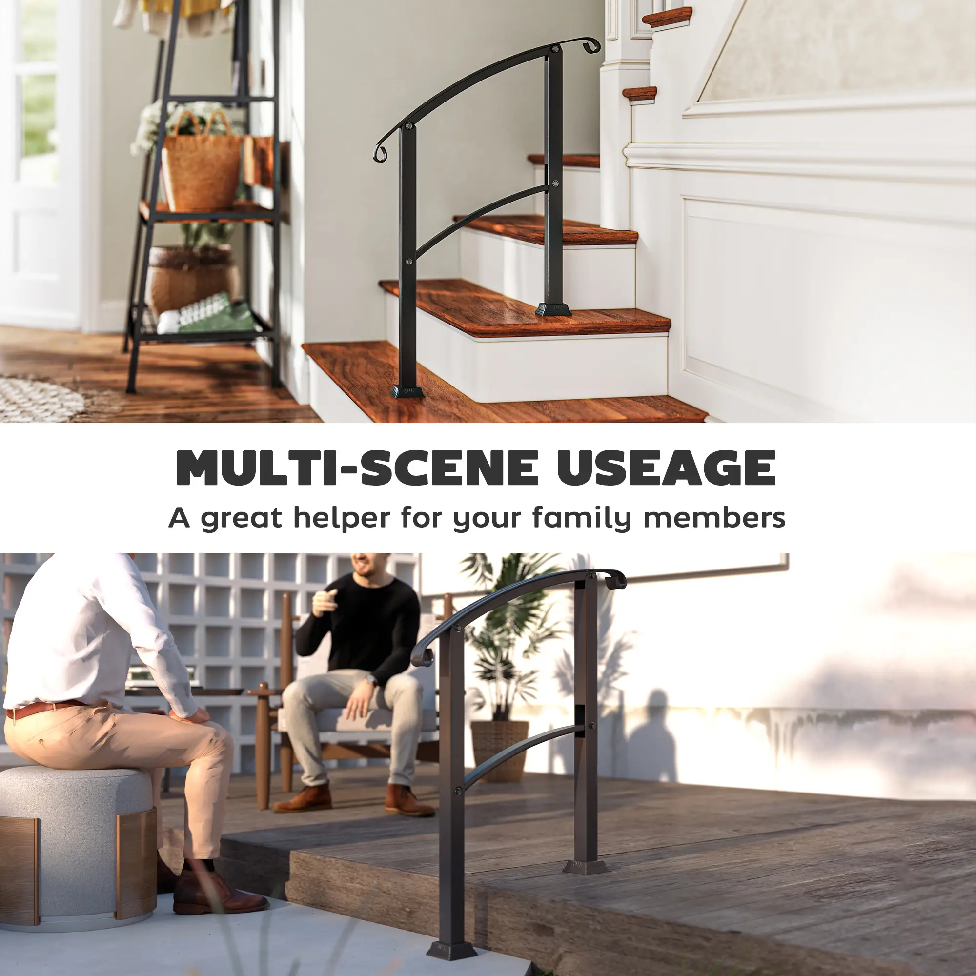 Outdoor Step Handrails, 1-3 Step, Metal Railing with Kit, Black - Image 7