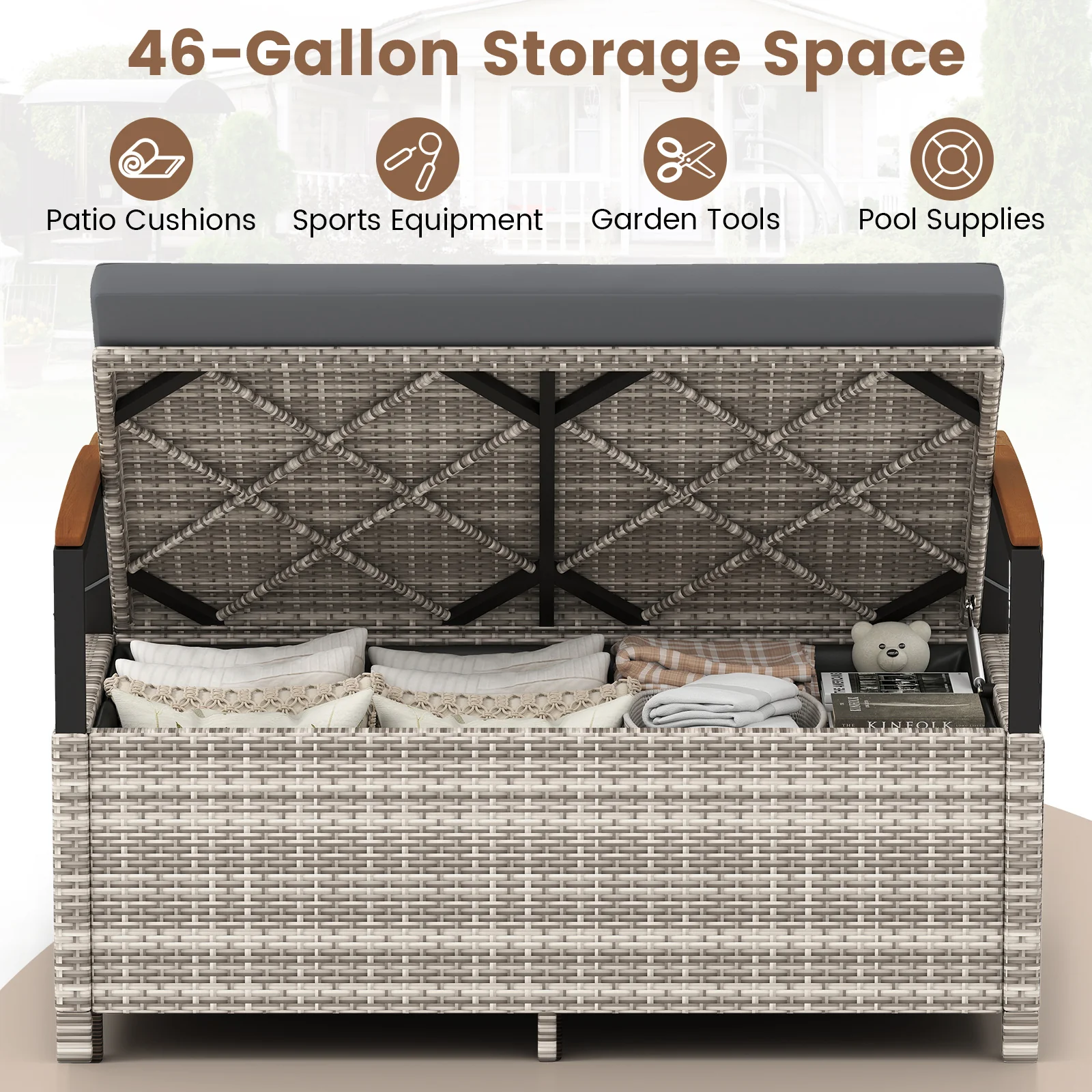 Outdoor Storage Bench Deck Box, With Cushion, Gray - Image 4