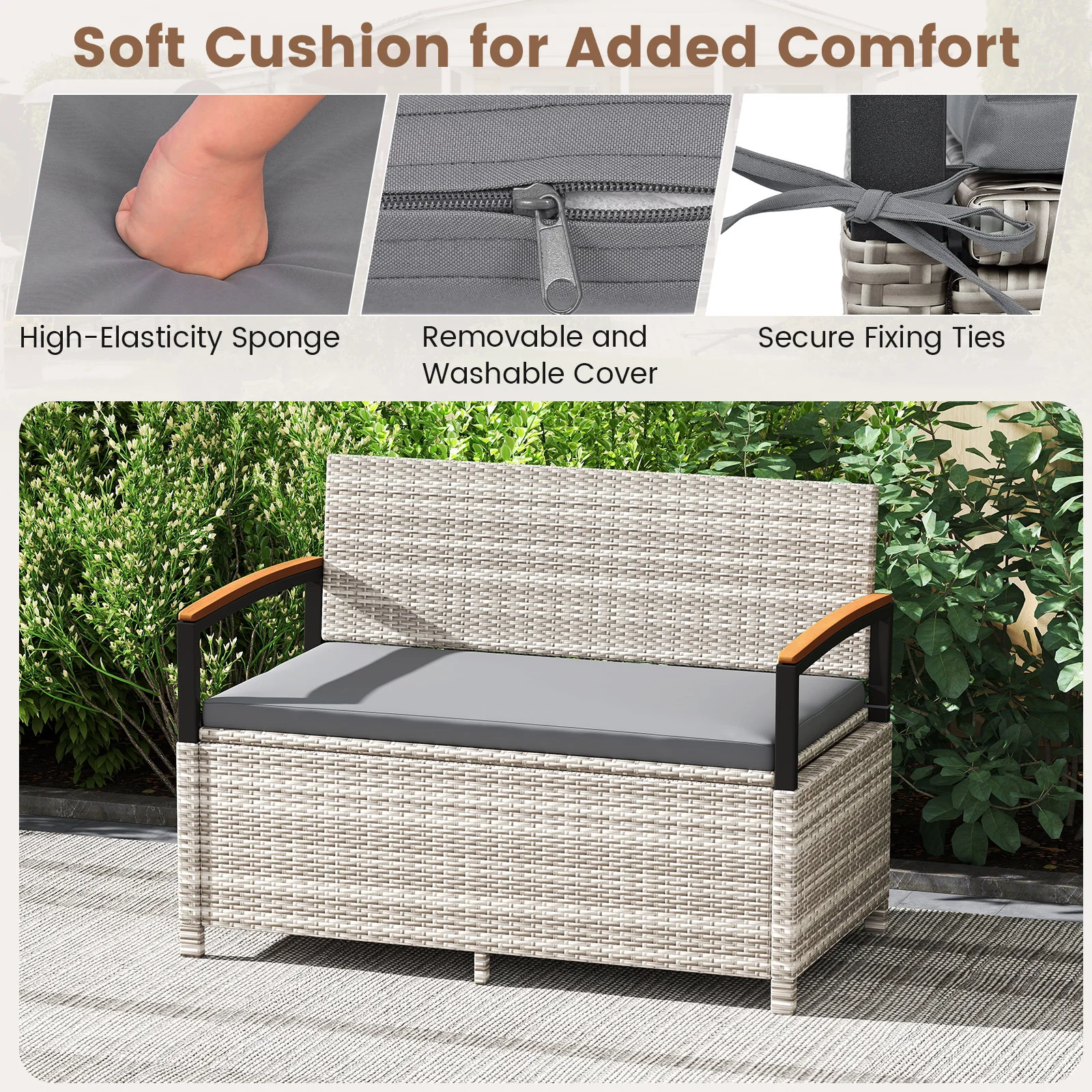 Outdoor Storage Bench Deck Box, With Cushion, Gray - Image 6