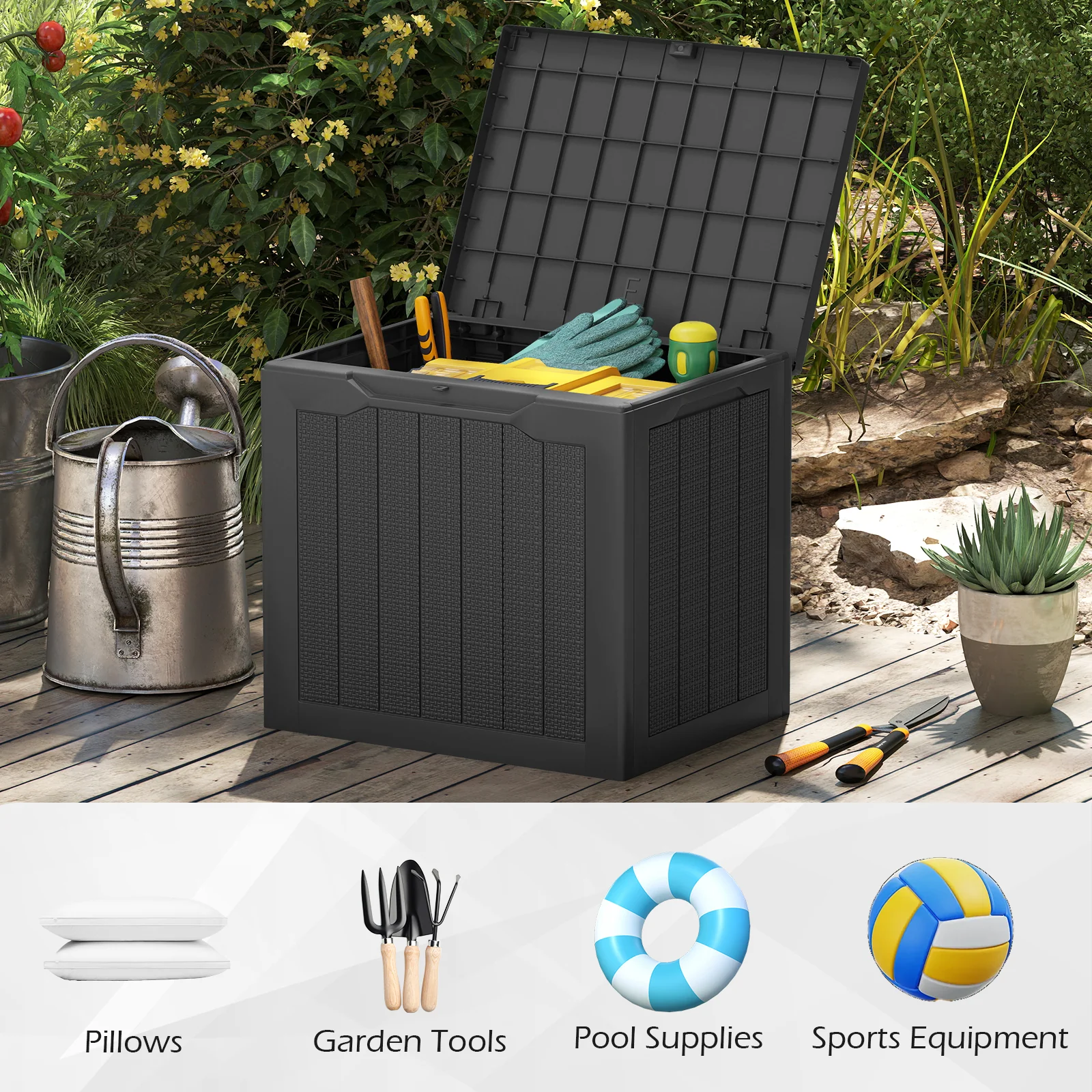 Outdoor Storage Box 25 Gallon Deck Box with Lockable Lid and Wicker-woven Texture, Black - Image 7