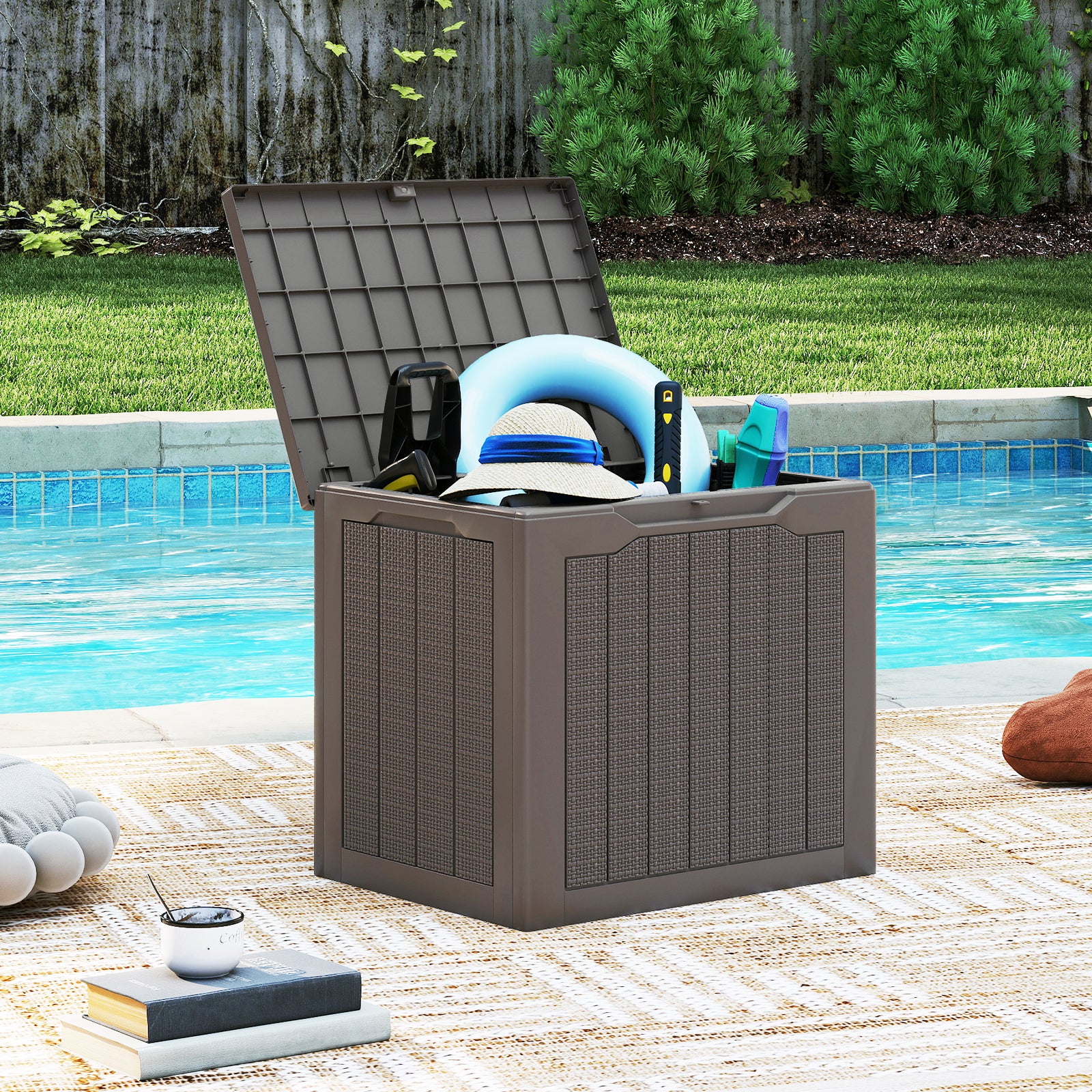 Outdoor Storage Box 25 Gallon Deck Box with Lockable Lid and Wicker-woven Texture, Brown - Image 2