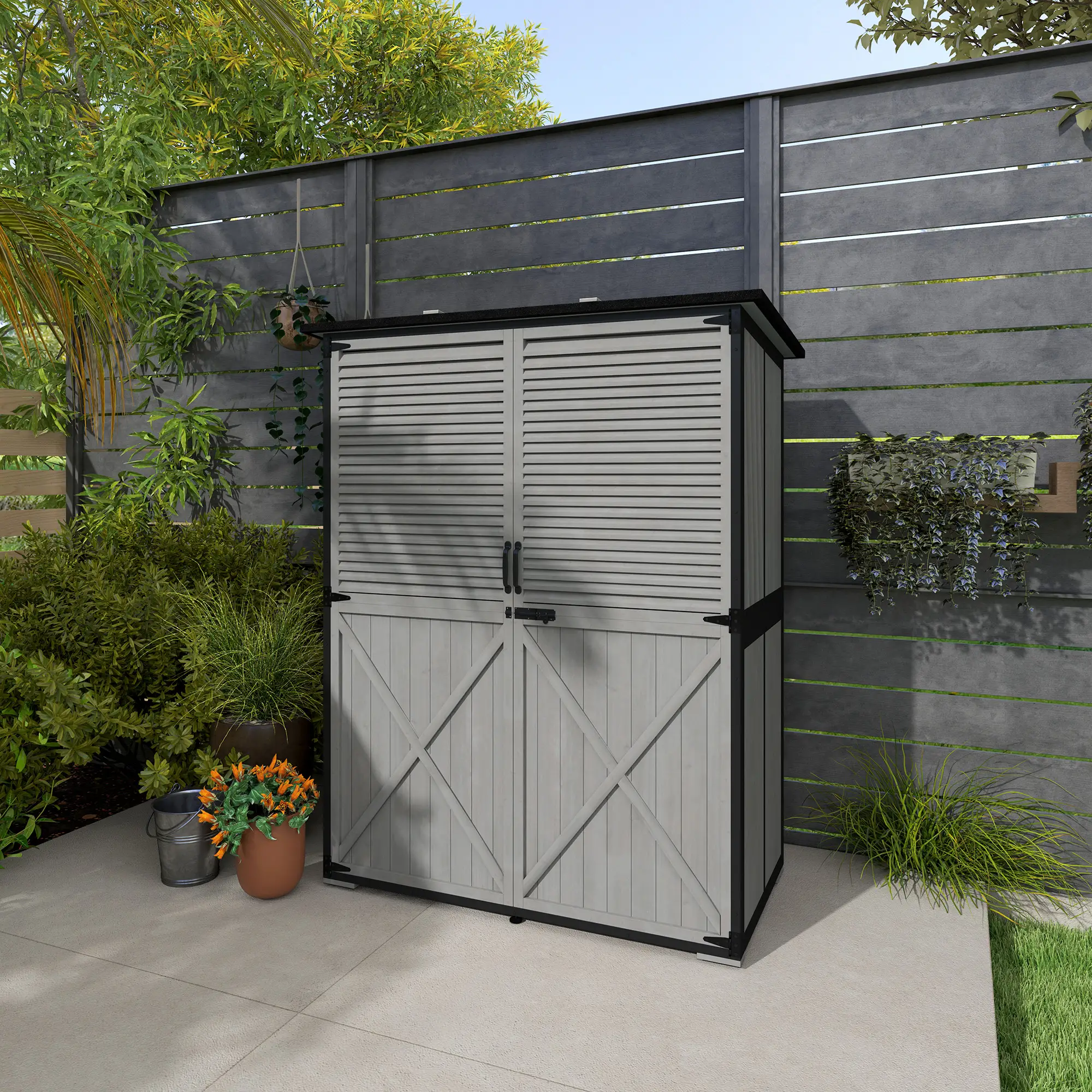 Outdoor Storage Cabinet, Wood Garden Shed, Steel Frame, Asphalt Roof, 2 Shelves, Lockable Doors, Grey - Image 10