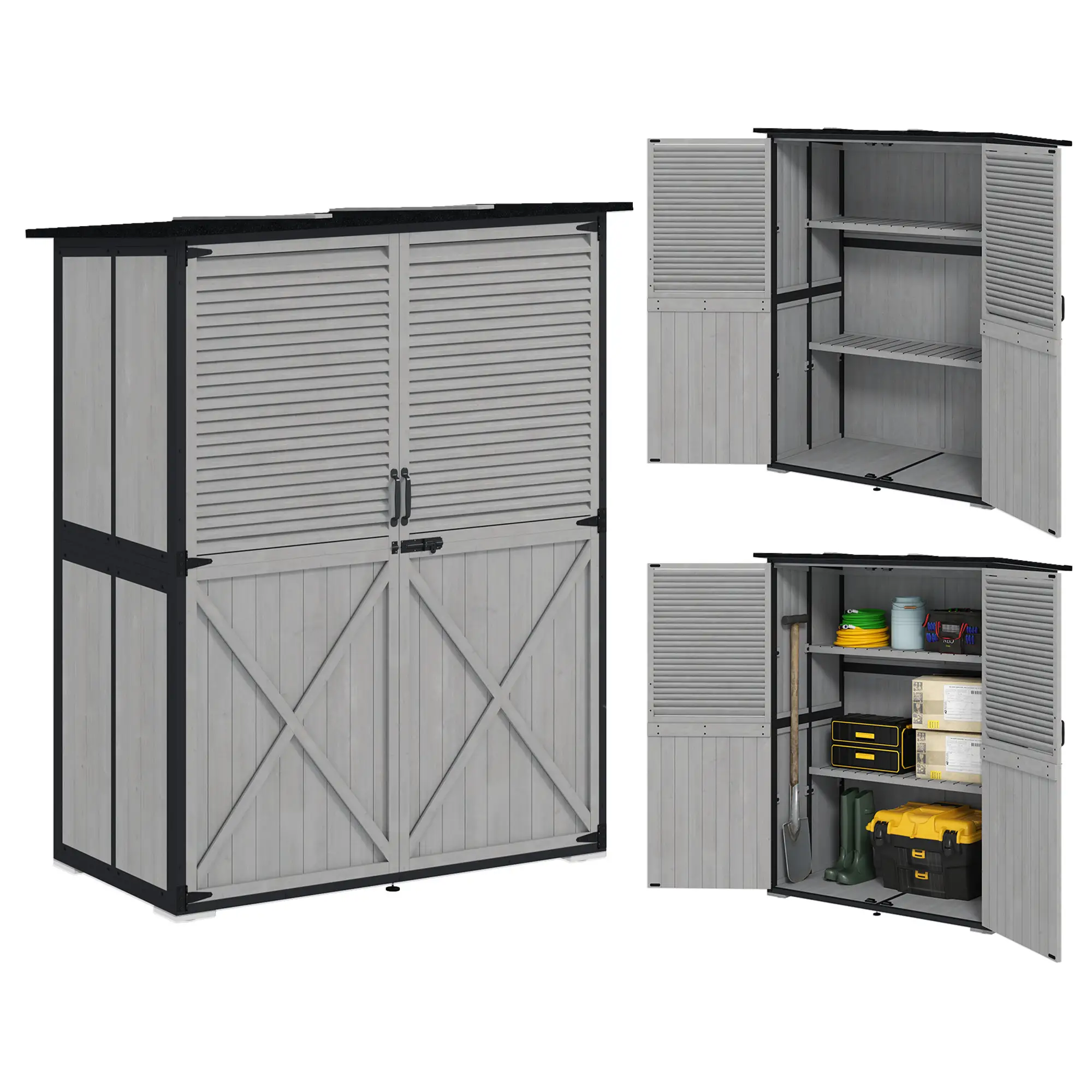 Outdoor Storage Cabinet, Wood Garden Shed, Steel Frame, Asphalt Roof, 2 Shelves, Lockable Doors, Grey - Image 11