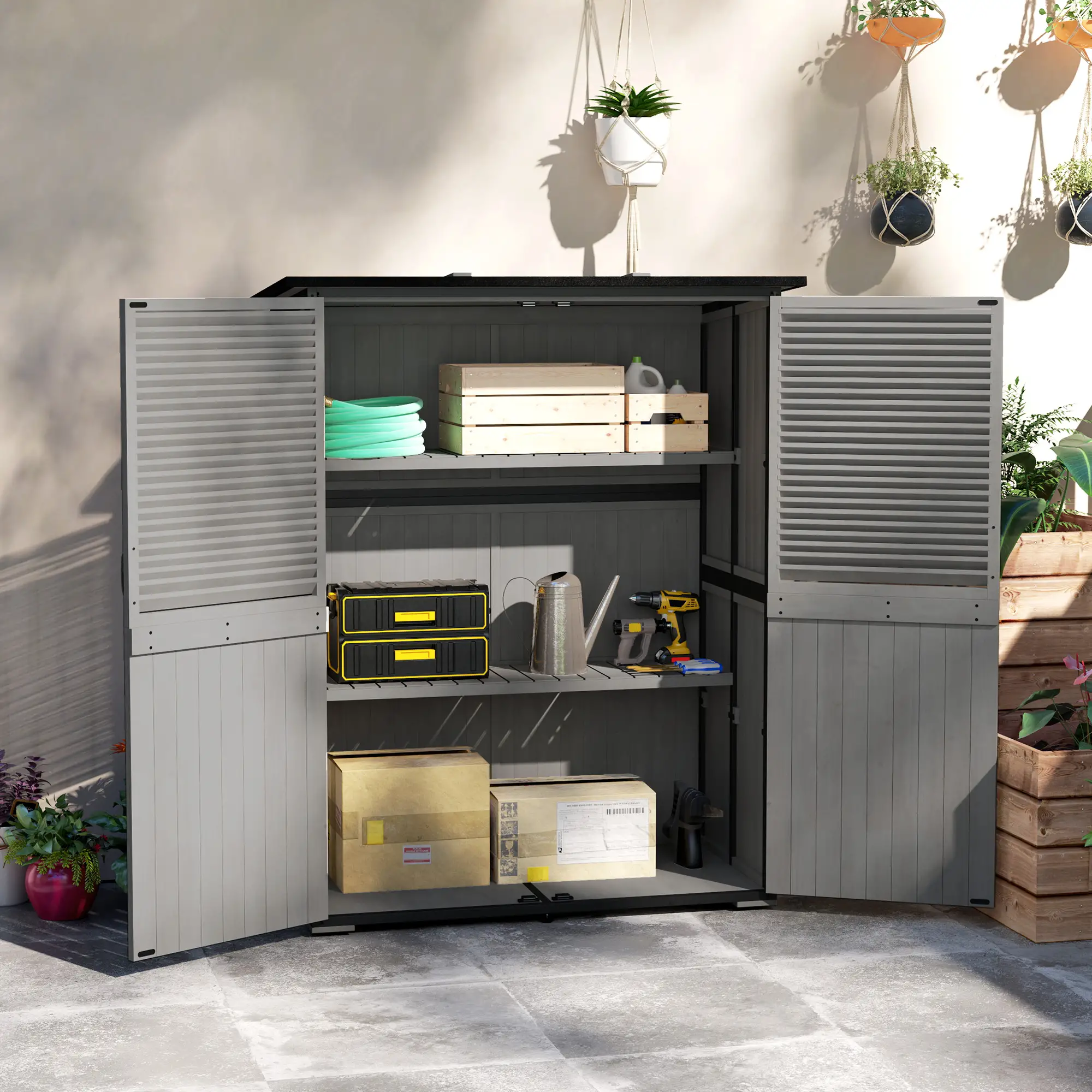 Outdoor Storage Cabinet, Wood Garden Shed, Steel Frame, Asphalt Roof, 2 Shelves, Lockable Doors, Grey - Image 2