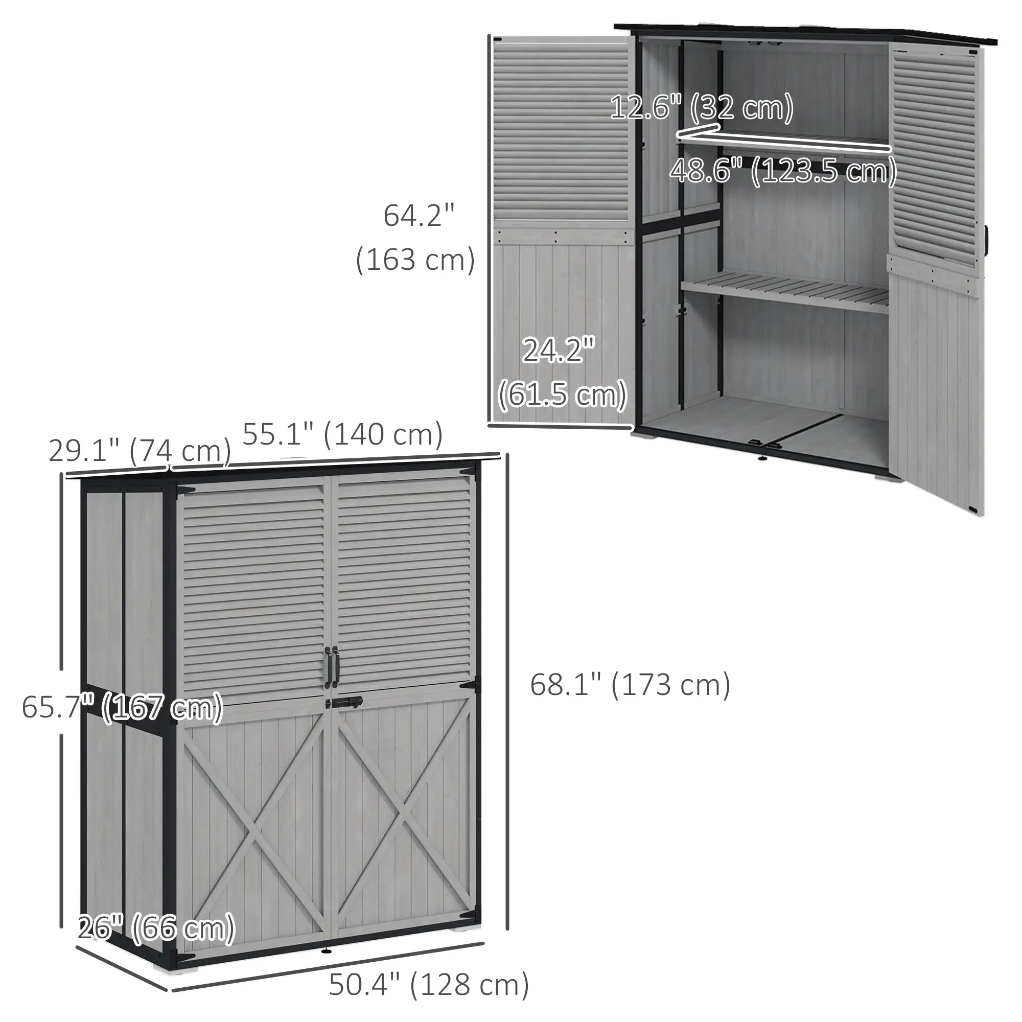 Outdoor Storage Cabinet, Wood Garden Shed, Steel Frame, Asphalt Roof, 2 Shelves, Lockable Doors, Grey - Image 3