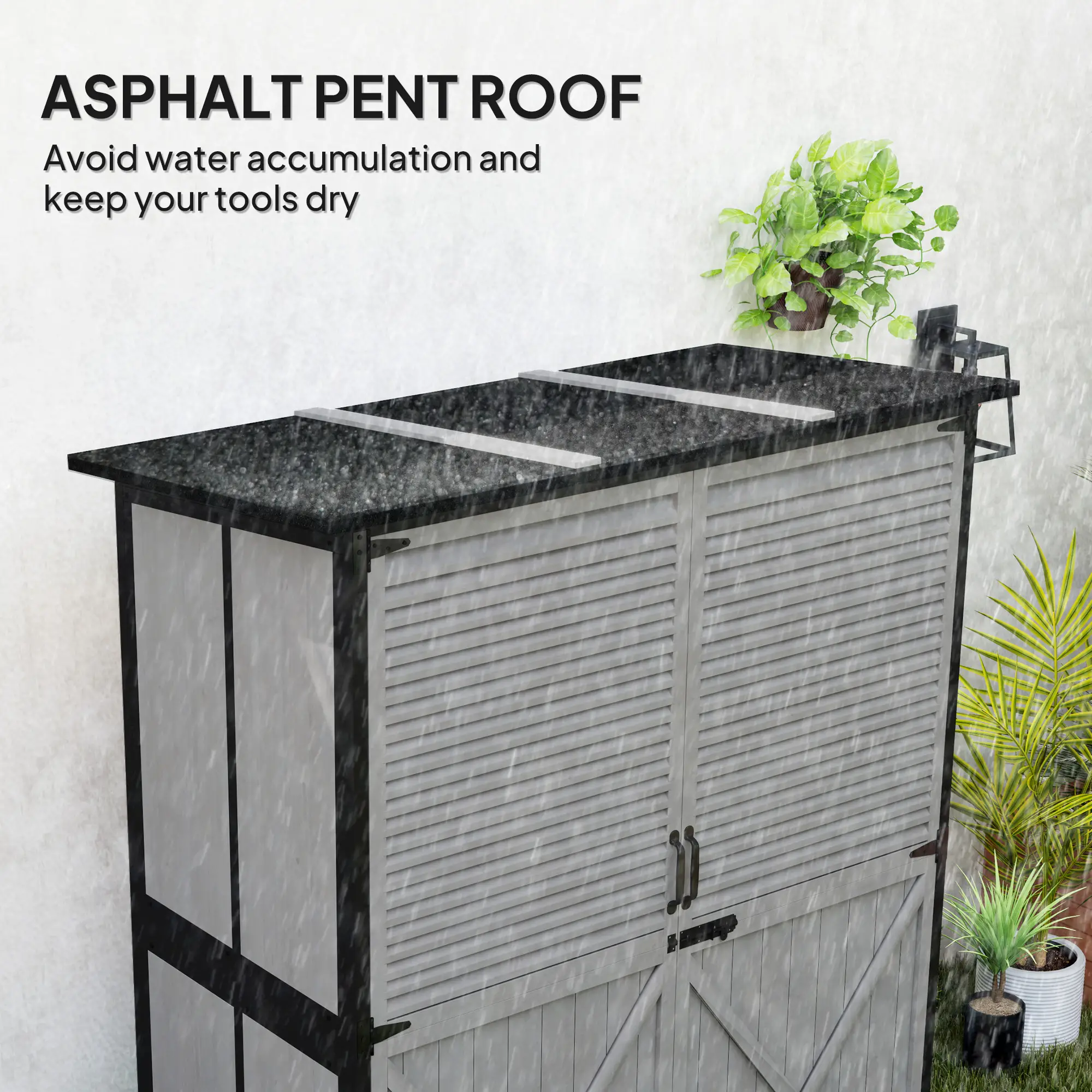 Outdoor Storage Cabinet, Wood Garden Shed, Steel Frame, Asphalt Roof, 2 Shelves, Lockable Doors, Grey - Image 5