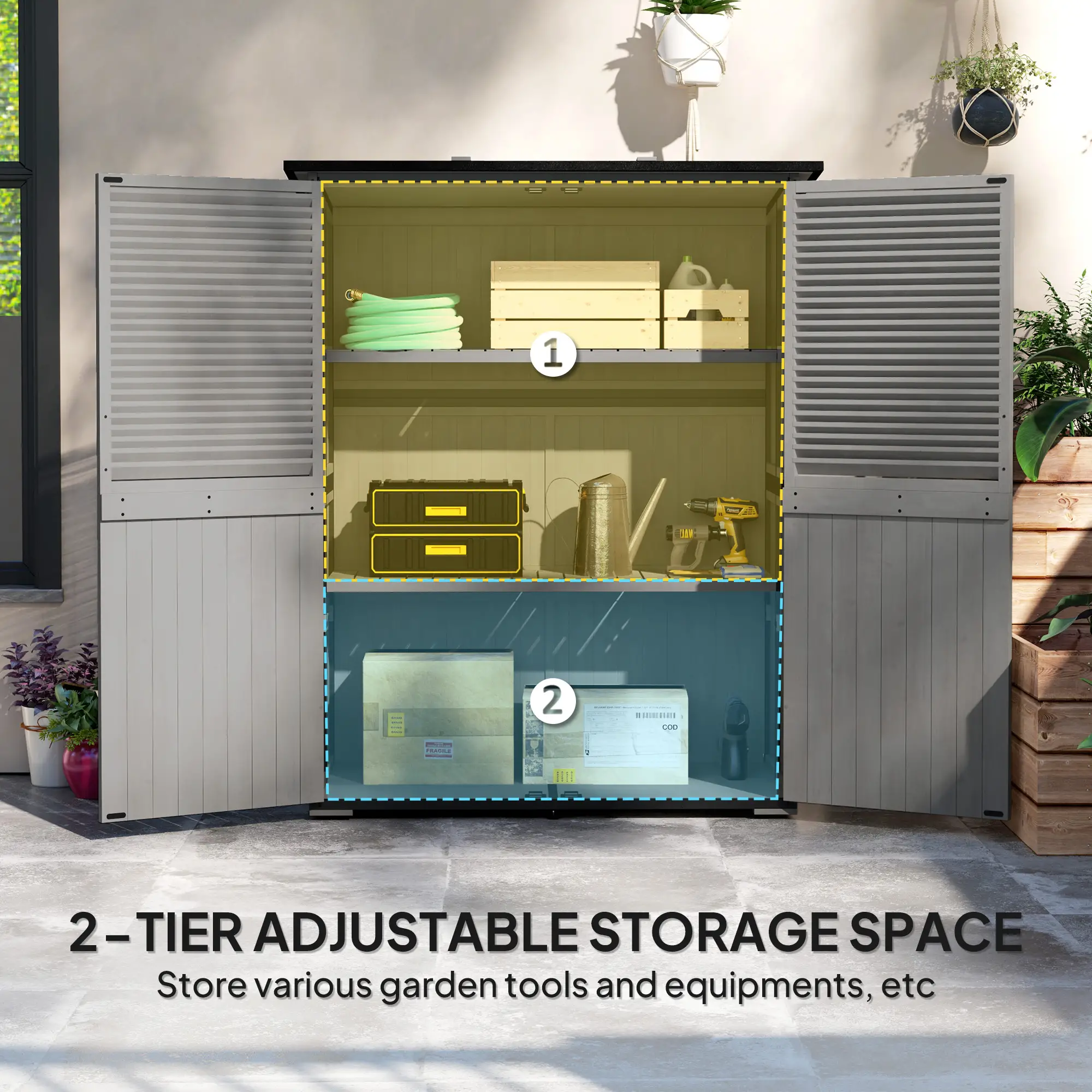 Outdoor Storage Cabinet, Wood Garden Shed, Steel Frame, Asphalt Roof, 2 Shelves, Lockable Doors, Grey - Image 6