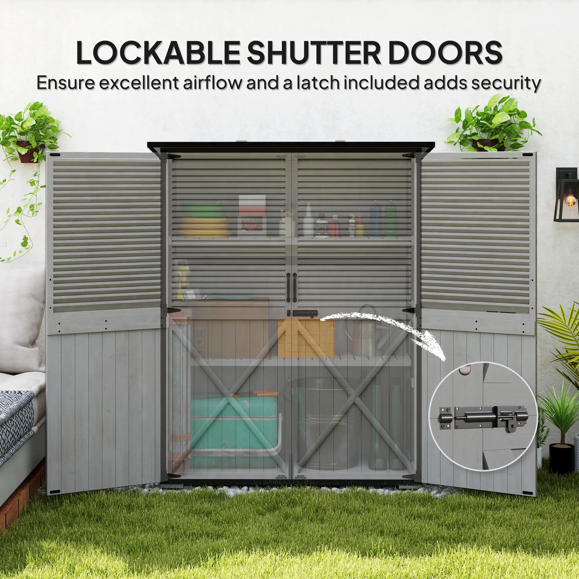 Outdoor Storage Cabinet, Wood Garden Shed, Steel Frame, Asphalt Roof, 2 Shelves, Lockable Doors, Grey - Image 7