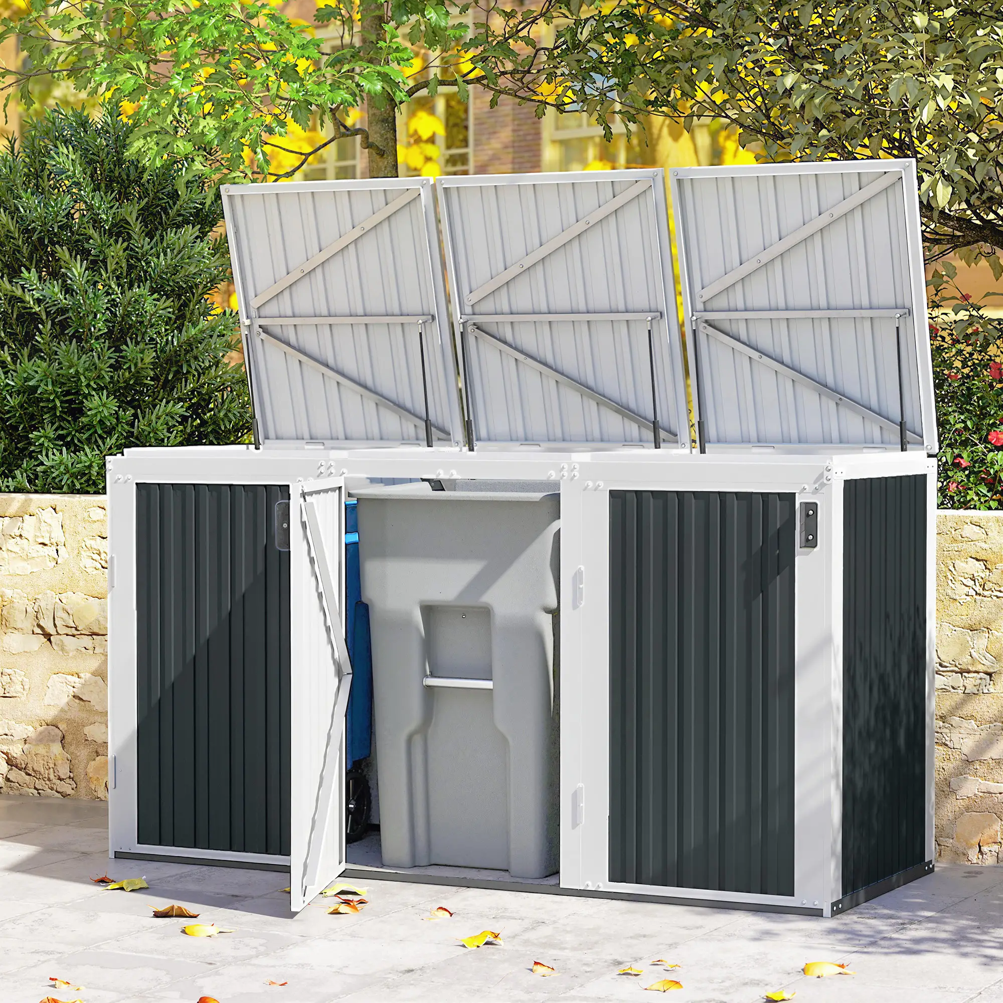 Outdoor Storage Shed, Rustproof Garbage Bin Shed, White And Grey - Image 10