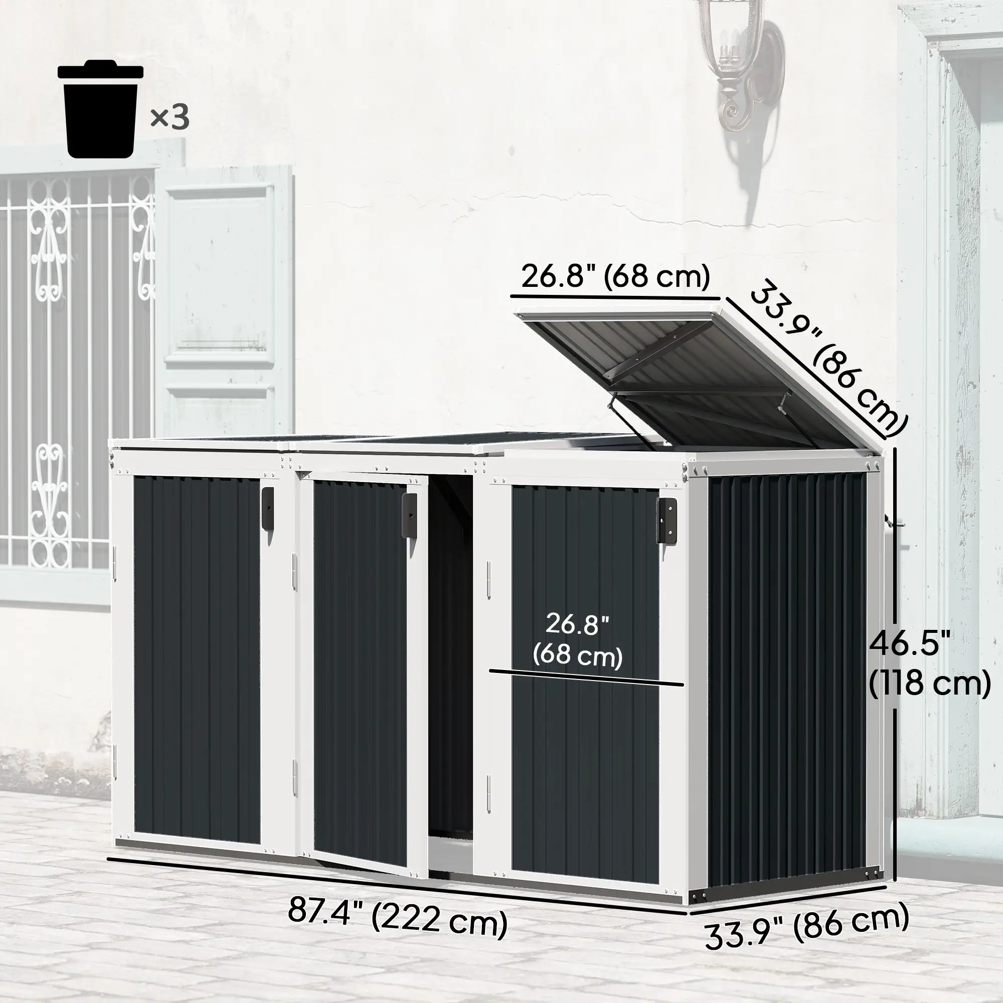 Outdoor Storage Shed, Rustproof Garbage Bin Shed, White And Grey - Image 3