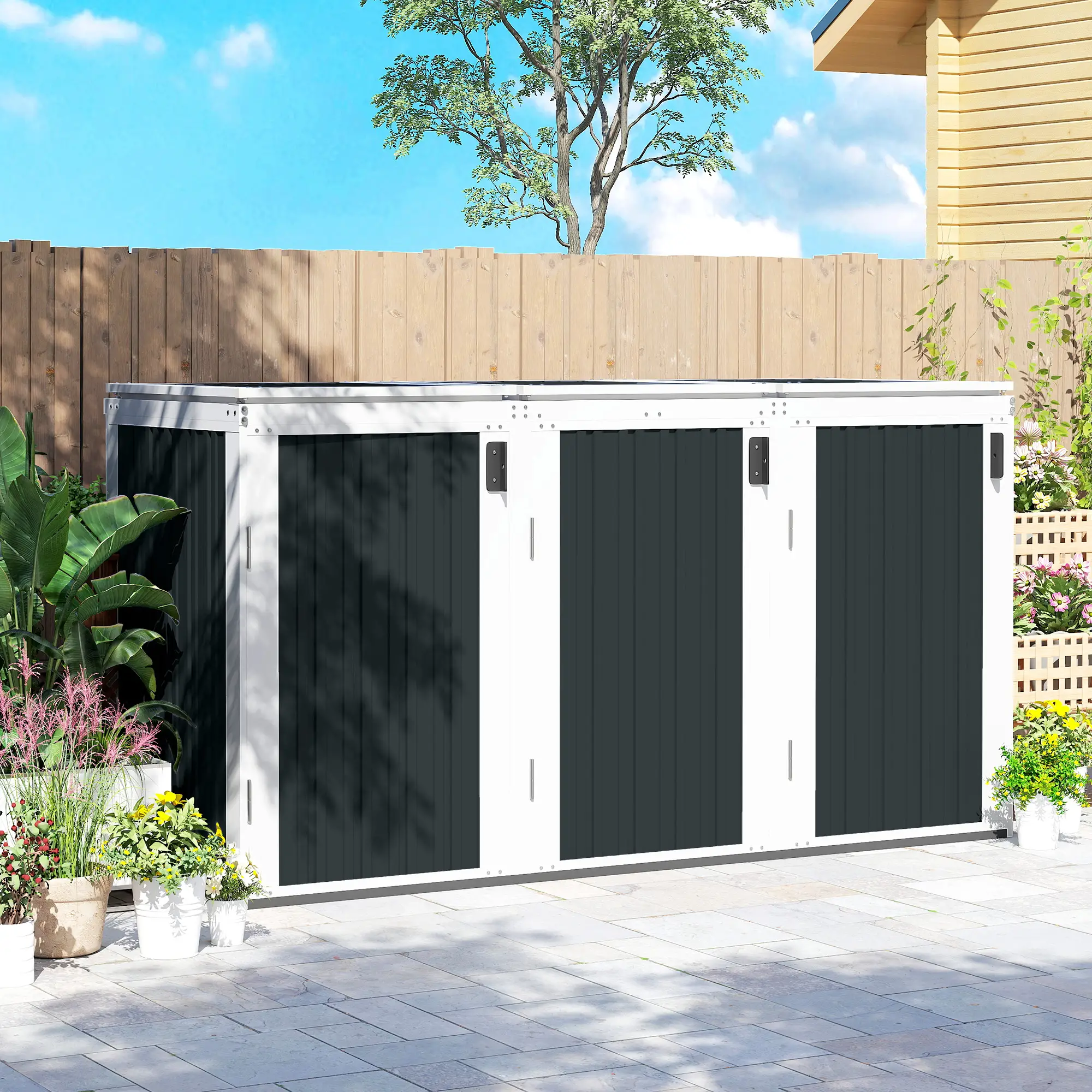 Outdoor Storage Shed, Rustproof Garbage Bin Shed, White And Grey - Image 9