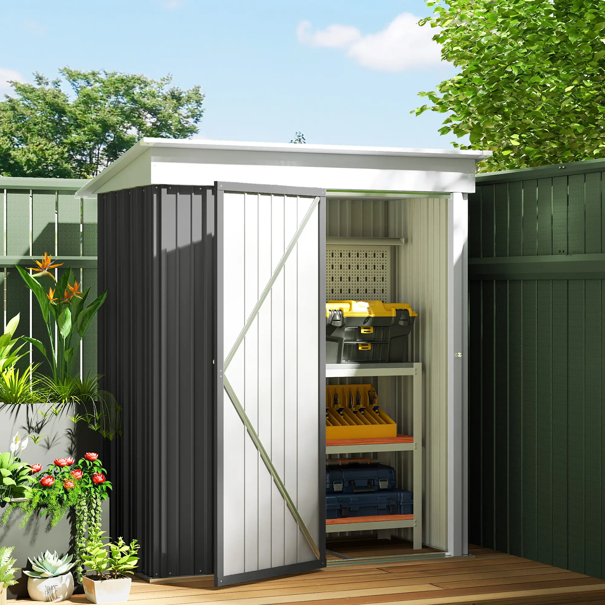 Outdoor Storage Shed, Steel Lean-To, Adjustable Shelf, 5'x3'x6', Dark Grey - Image 10