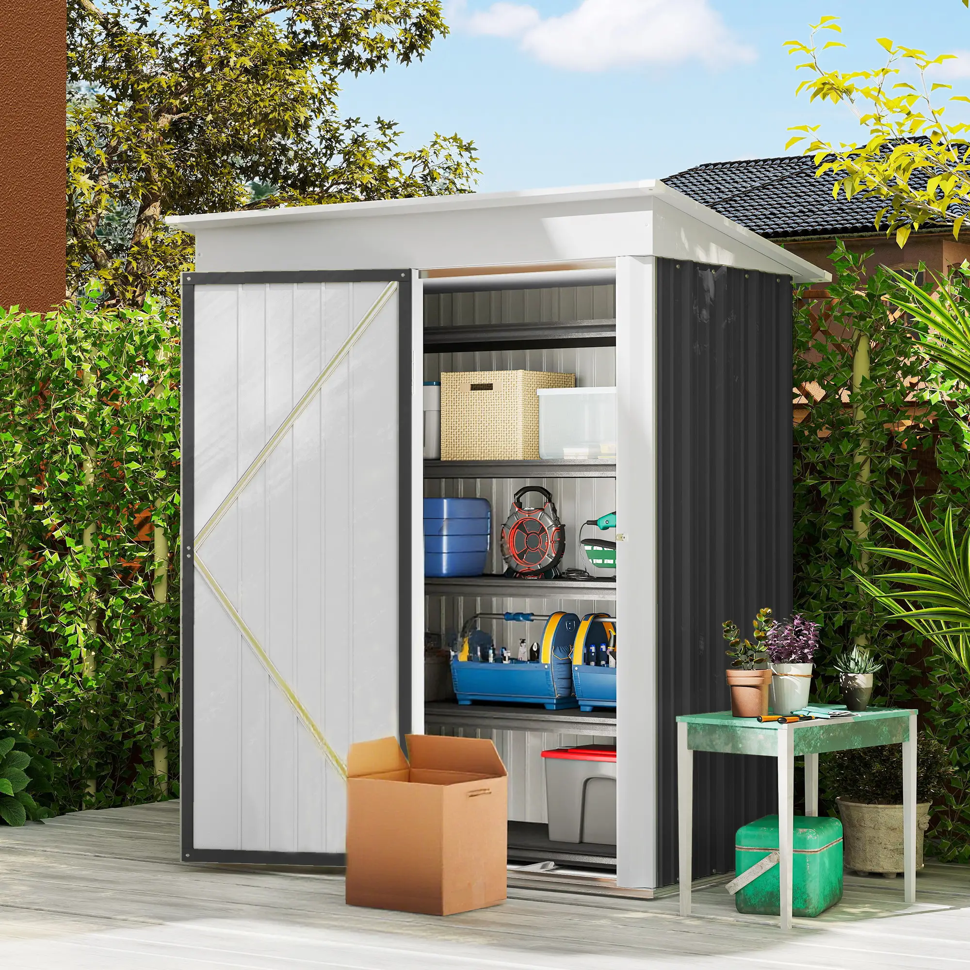 Outdoor Storage Shed, Steel Lean-To, Adjustable Shelf, 5'x3'x6', Dark Grey - Image 2
