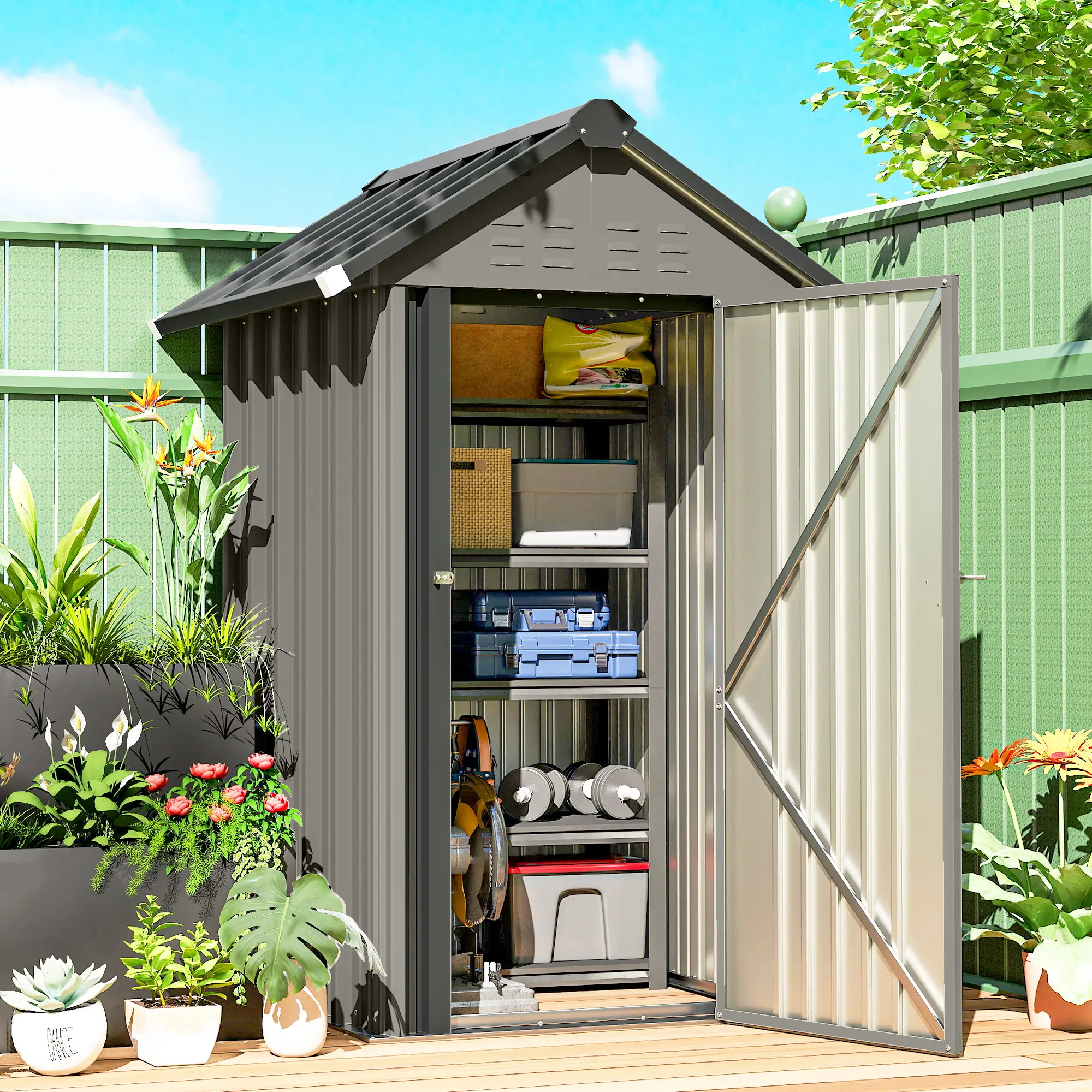 Outdoor Storage Shed With Lockable Door, Metal Garden Shed With 4 Vents - Image 2