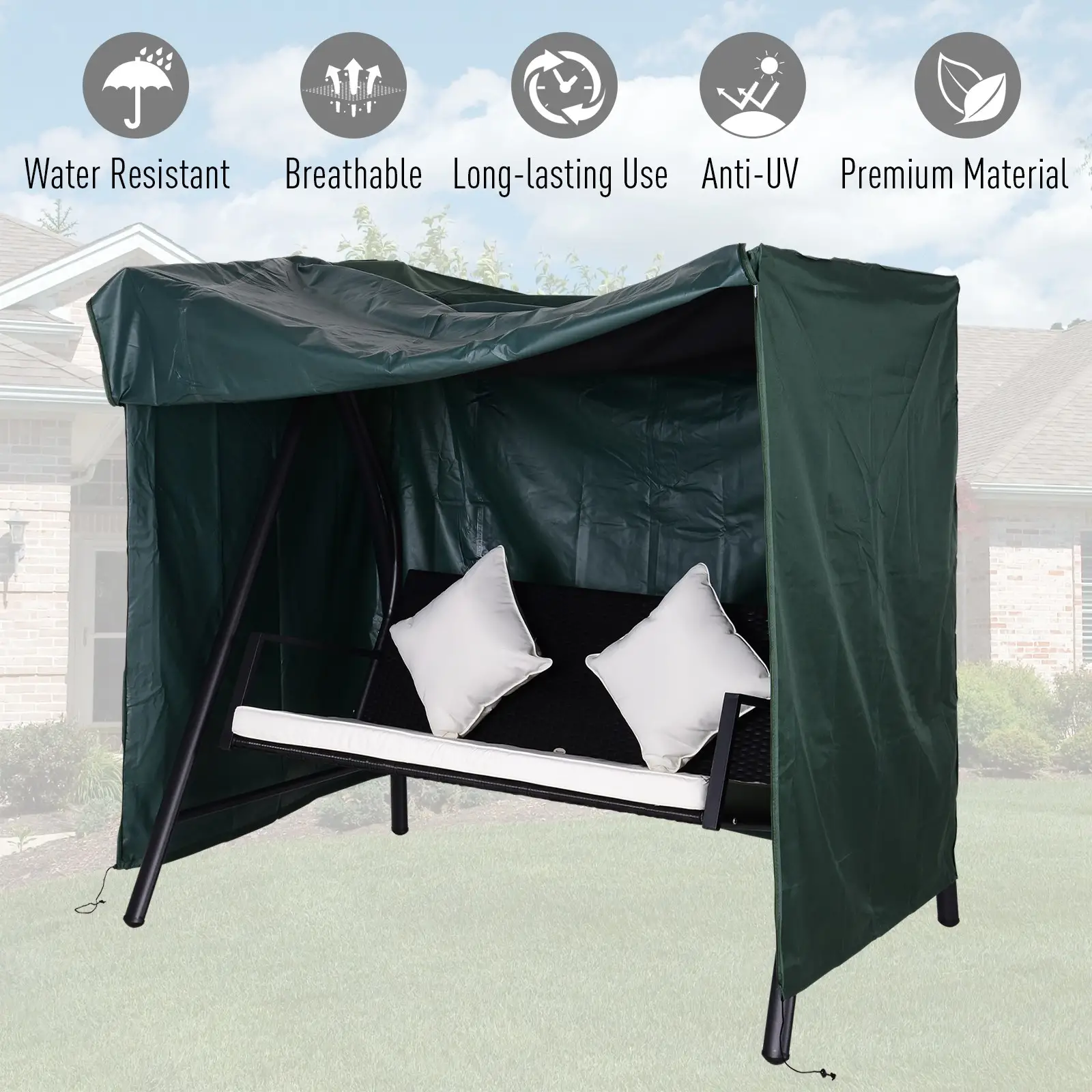 Outdoor Swing Cover, Large 3-Seat, UV Resistant, Green - Image 4