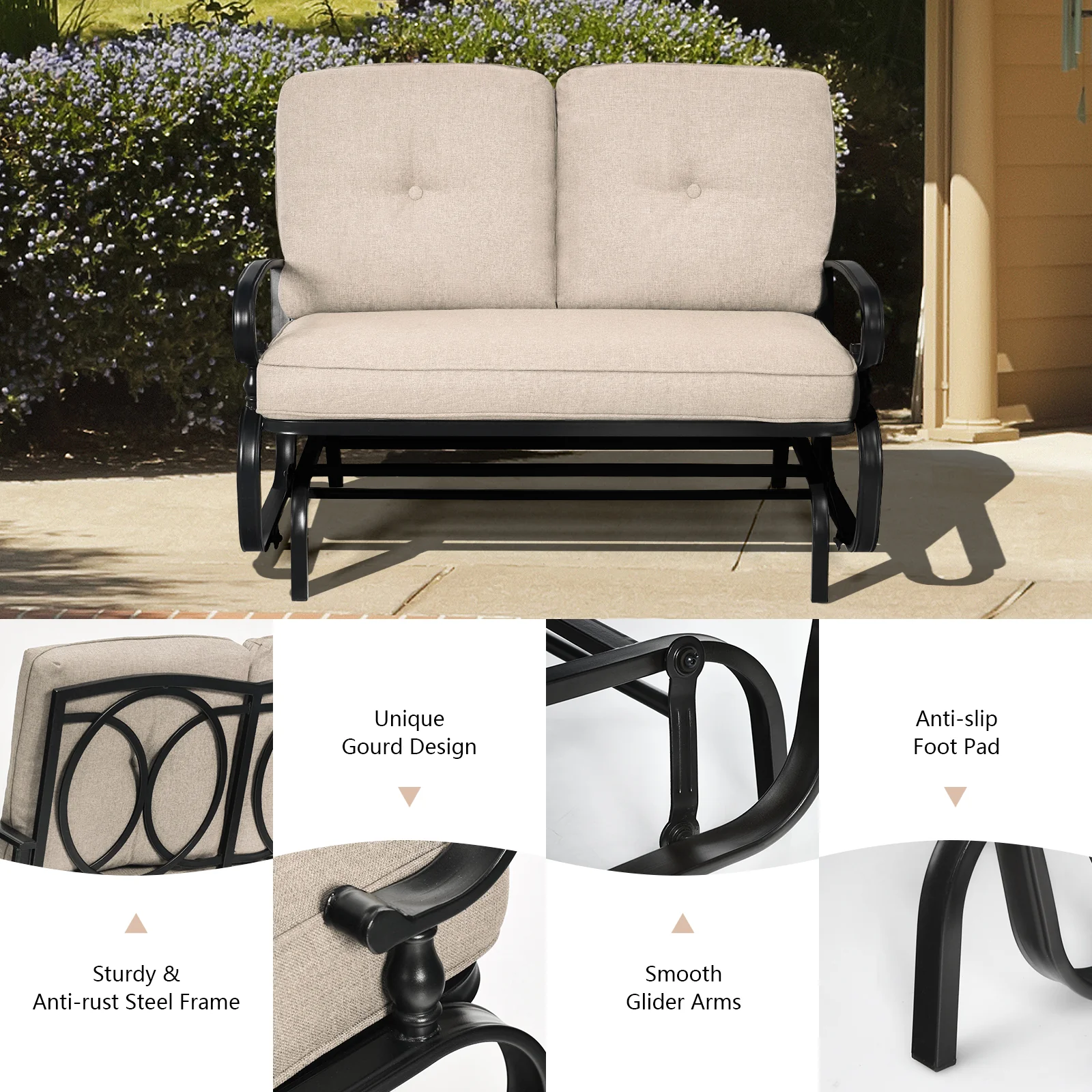 Outdoor Swing Glider Chair, 2 Seats, With Cushions, Beige - Image 10