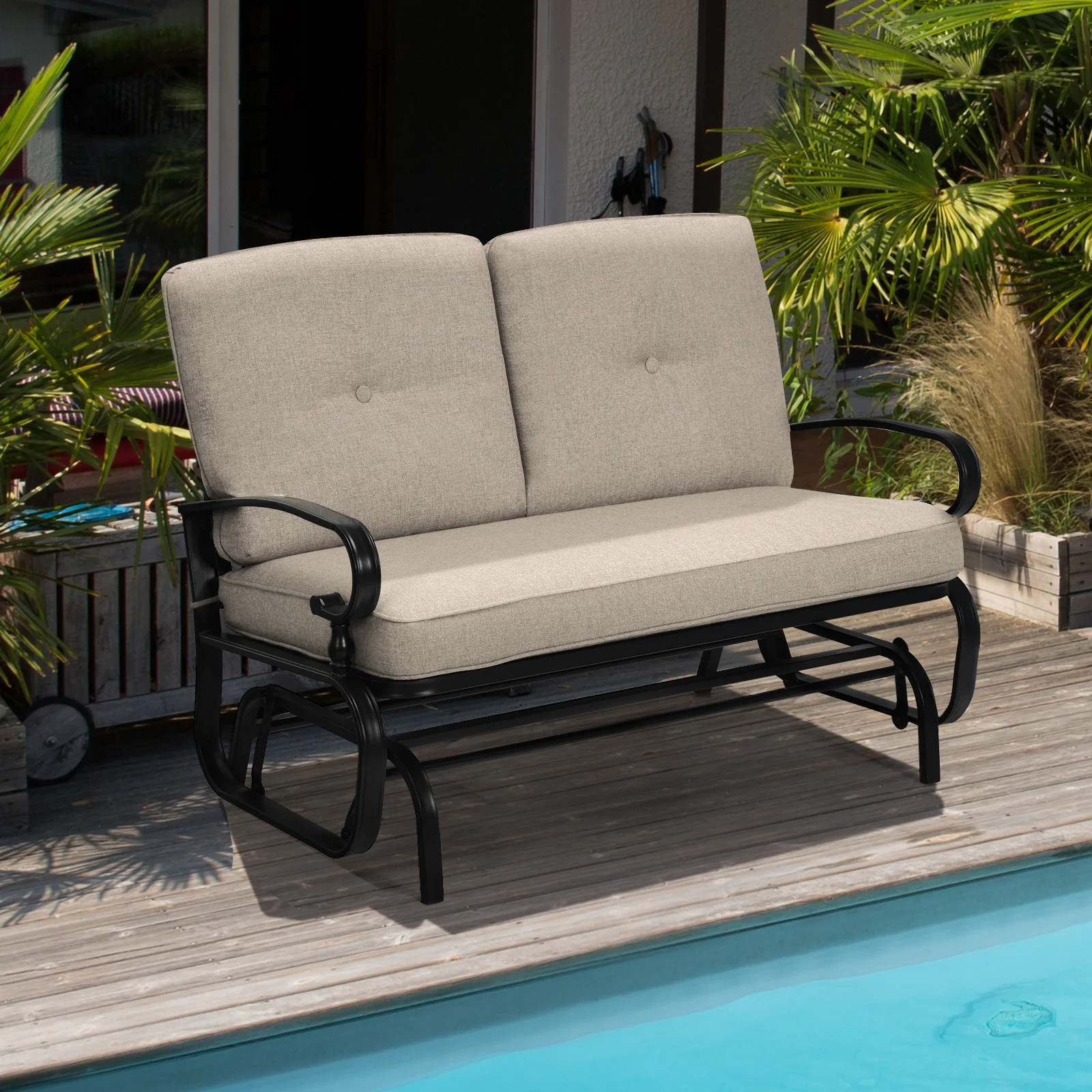 Outdoor Swing Glider Chair, 2 Seats, With Cushions, Beige - Image 3