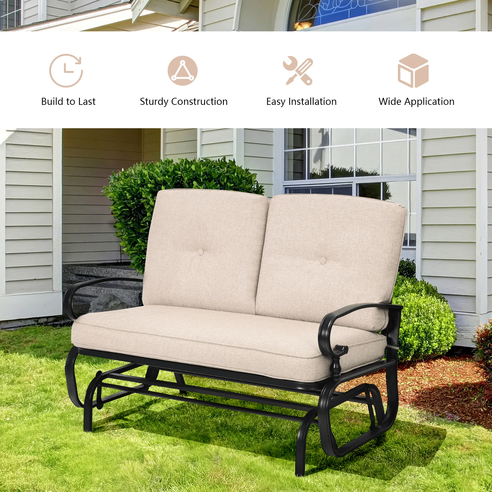 Outdoor Swing Glider Chair, 2 Seats, With Cushions, Beige - Image 4