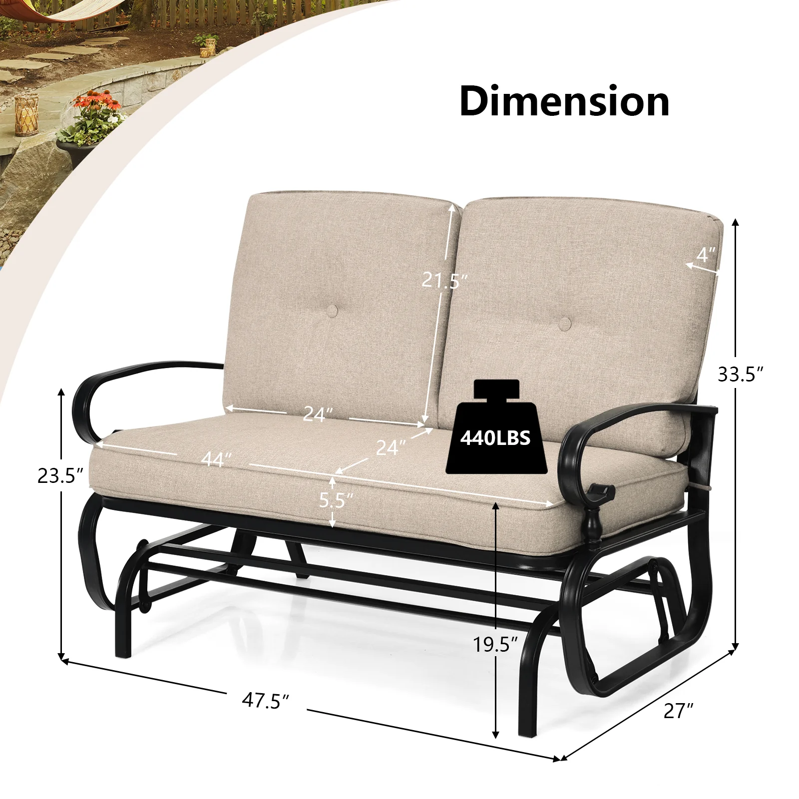Outdoor Swing Glider Chair, 2 Seats, With Cushions, Beige - Image 5
