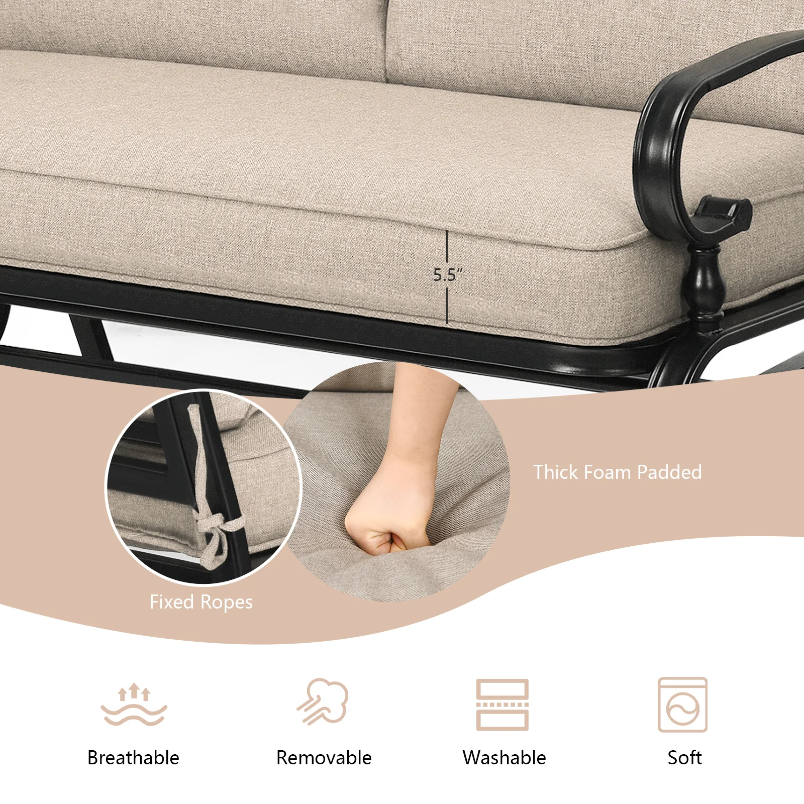 Outdoor Swing Glider Chair, 2 Seats, With Cushions, Beige - Image 9