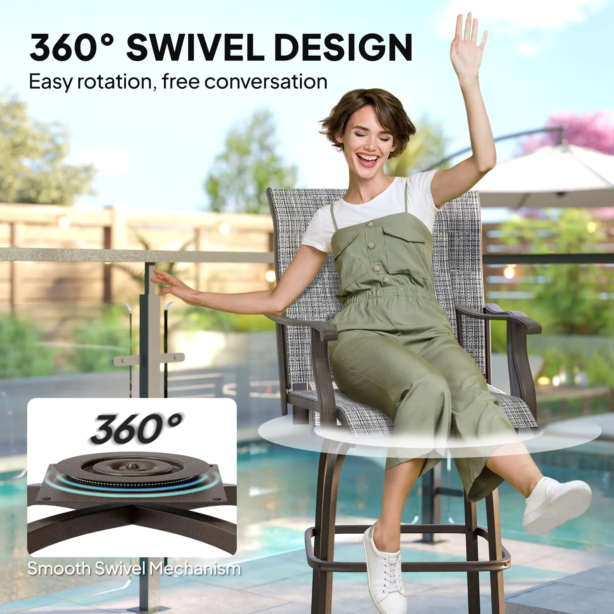 Outdoor Swivel Bar Stools, Set of 2, High Back, Mixed Grey - Image 4