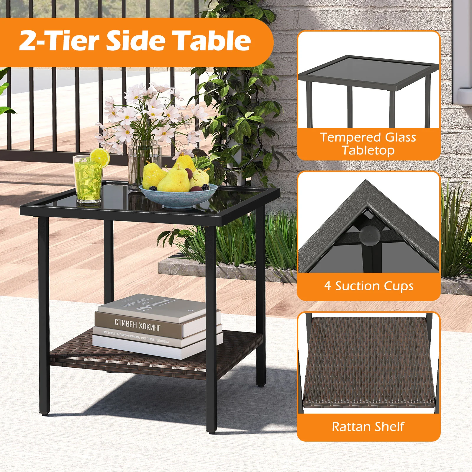 Outdoor Swivel Chair Set, 3 Piece, With Tempered Glass Side Table, Gray - Image 10