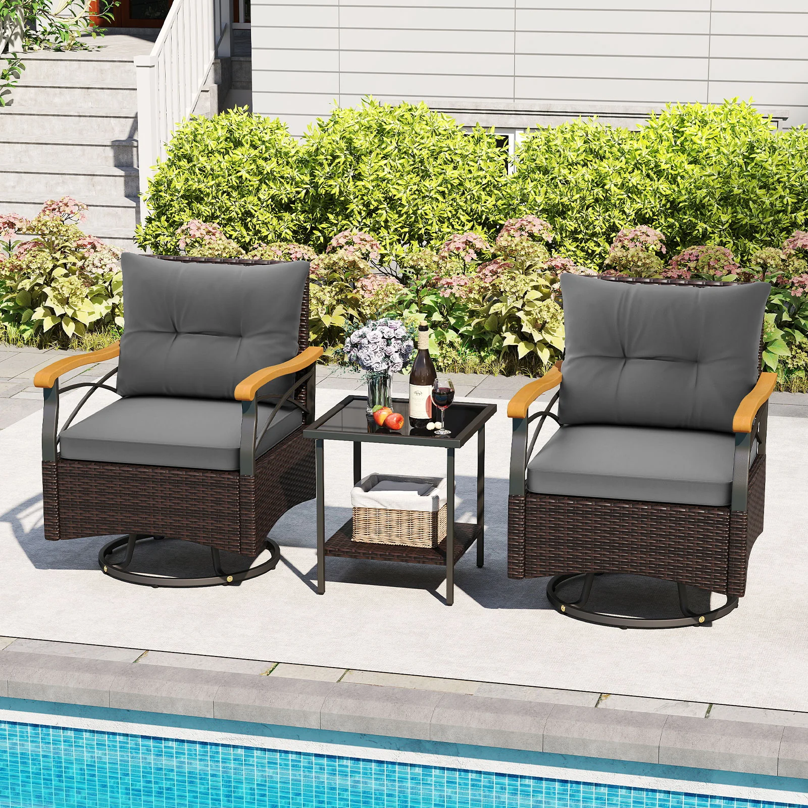 Outdoor Swivel Chair Set, 3 Piece, With Tempered Glass Side Table, Gray - Image 2