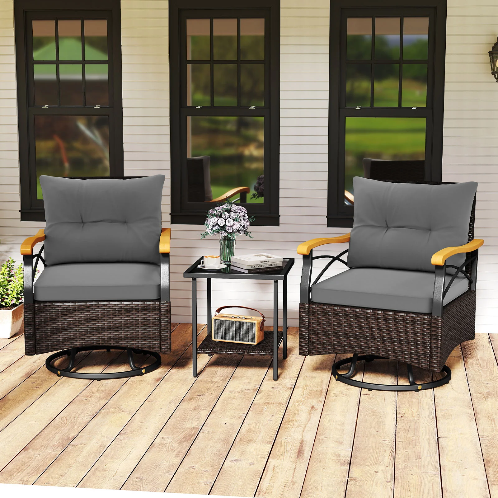 Outdoor Swivel Chair Set, 3 Piece, With Tempered Glass Side Table, Gray - Image 3