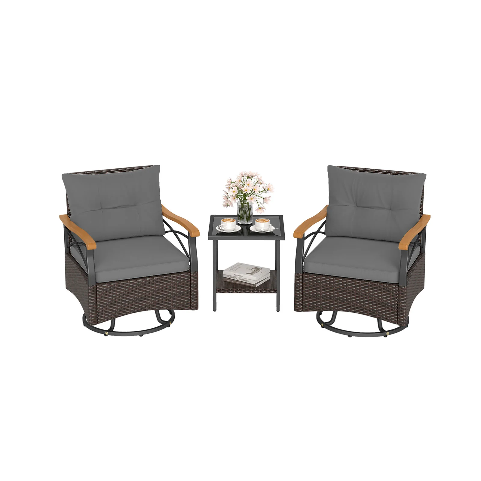 Outdoor Swivel Chair Set, 3 Piece, With Tempered Glass Side Table, Gray - Image 4