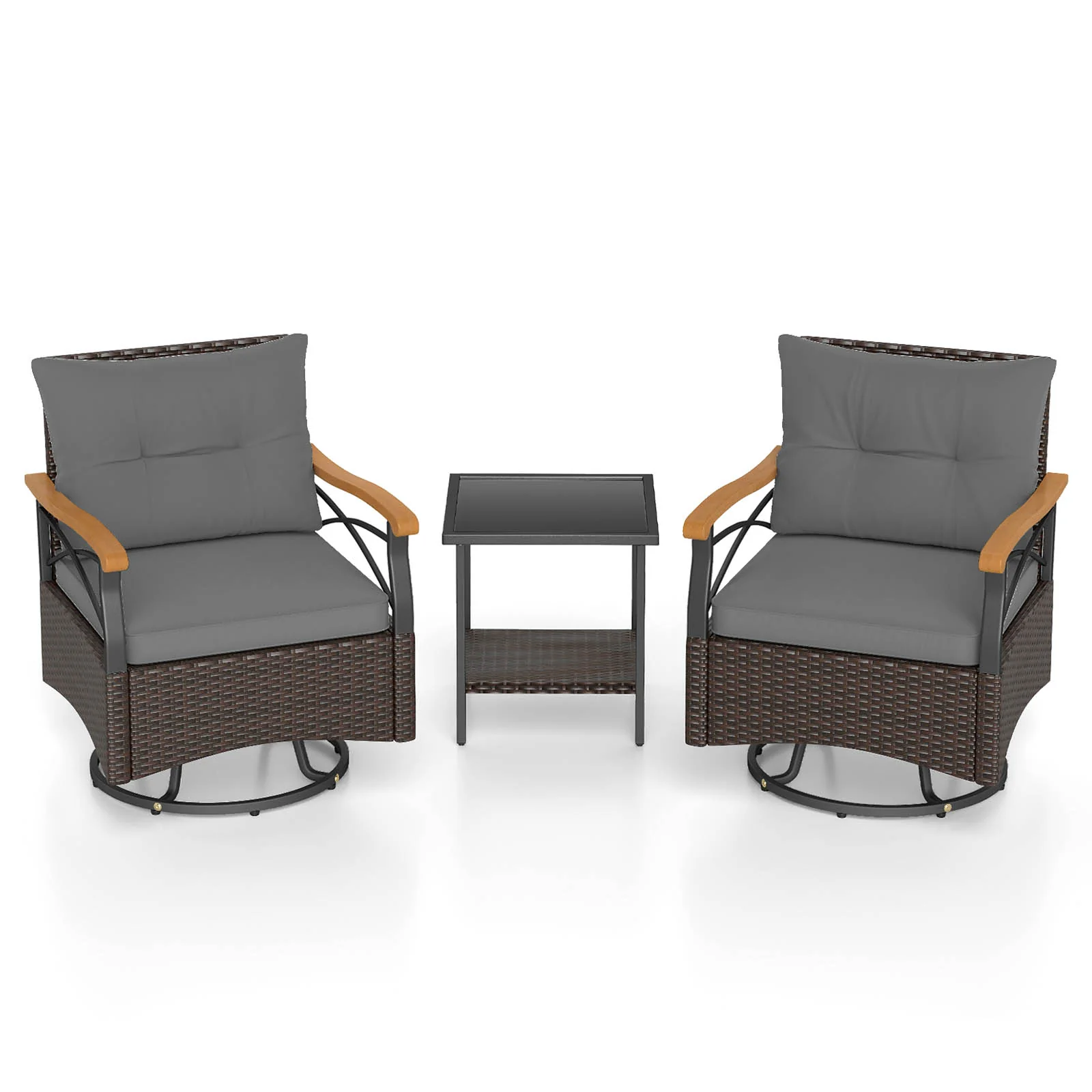 Outdoor Swivel Chair Set, 3 Piece, With Tempered Glass Side Table, Gray - Image 5