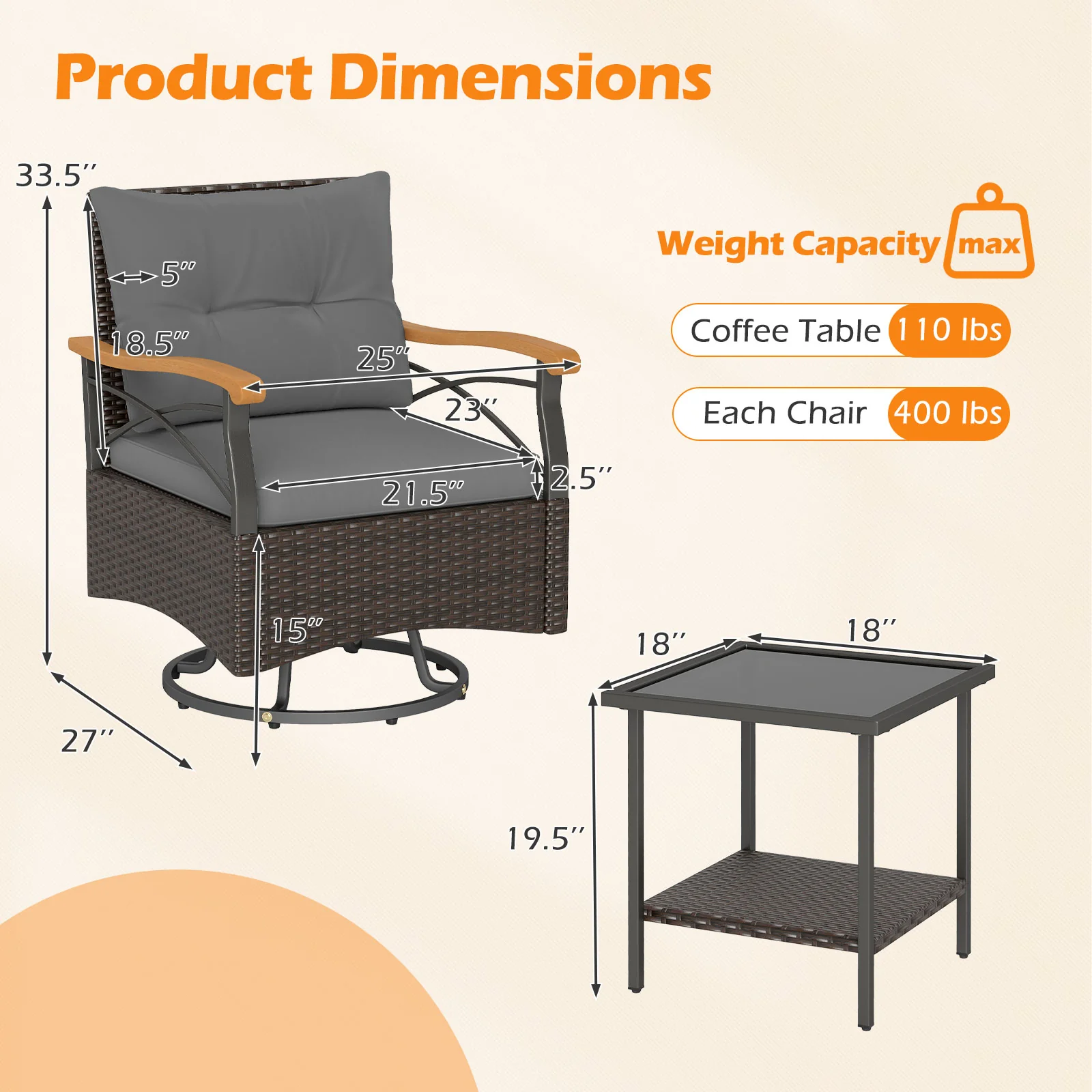 Outdoor Swivel Chair Set, 3 Piece, With Tempered Glass Side Table, Gray - Image 6
