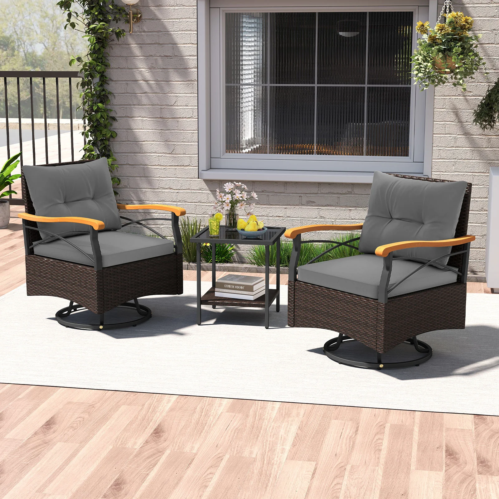 Outdoor Swivel Chair Set, 3 Piece, With Tempered Glass Side Table, Gray - Image 7