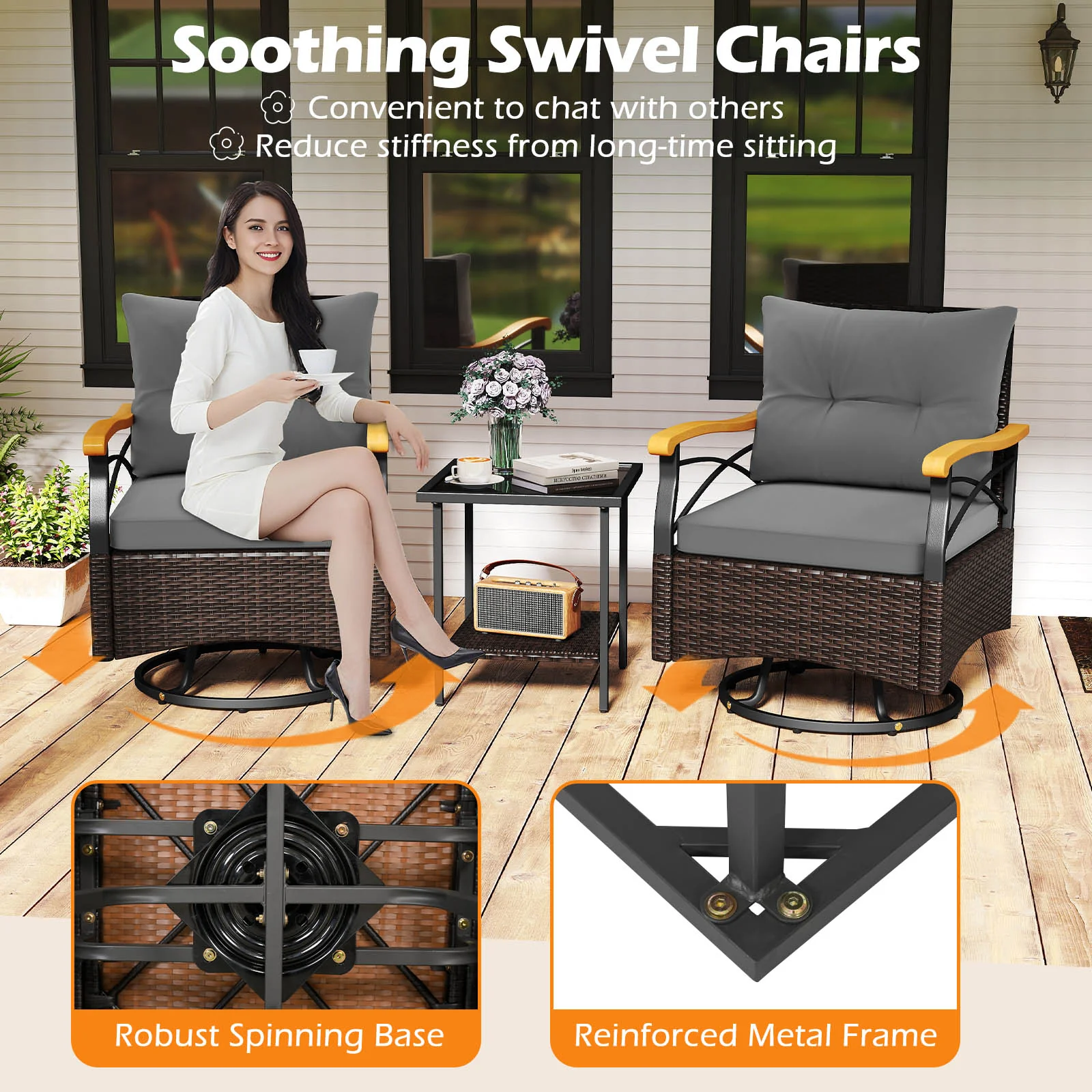 Outdoor Swivel Chair Set, 3 Piece, With Tempered Glass Side Table, Gray - Image 8