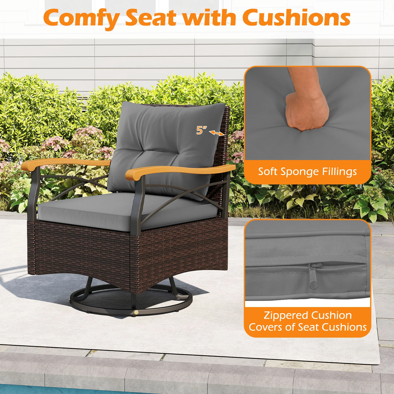 Outdoor Swivel Chair Set, 3 Piece, With Tempered Glass Side Table, Gray - Image 9